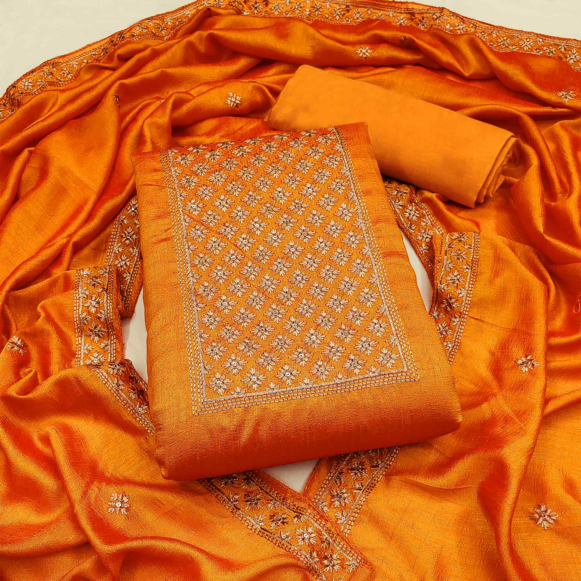 Orange Embroidered Modal Dress Material