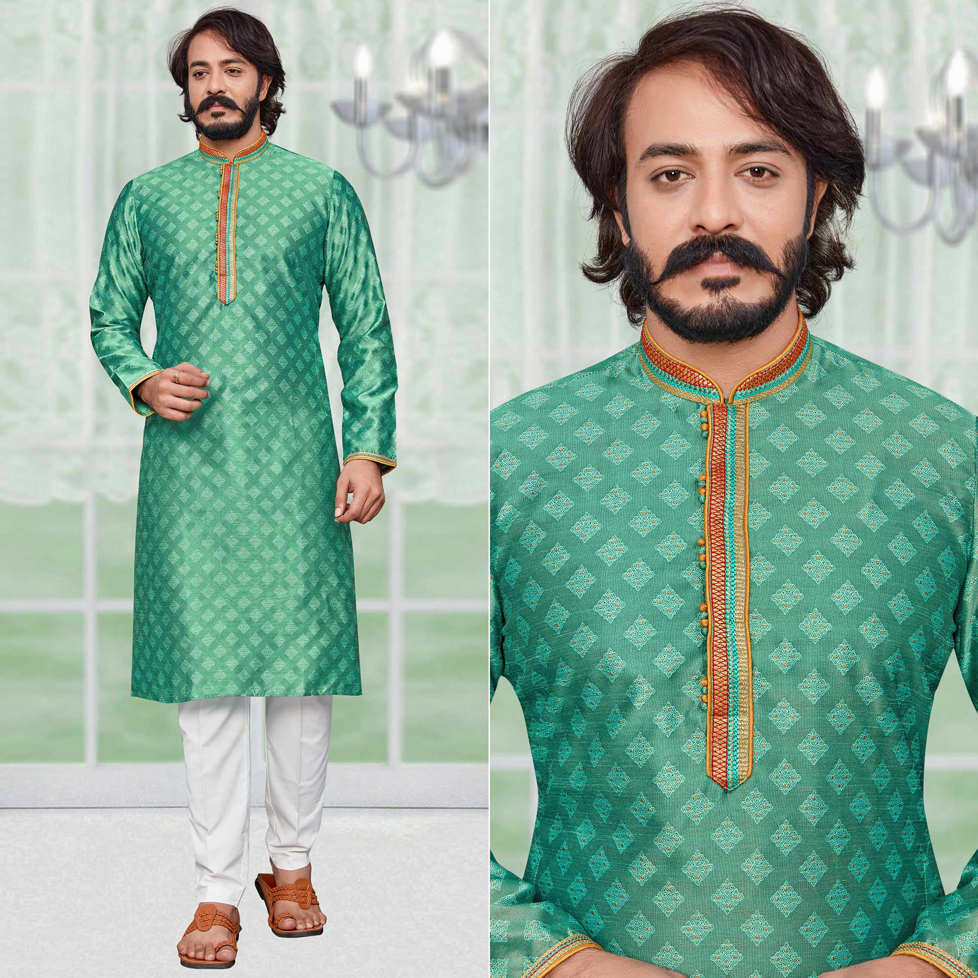 Light Green Woven Jacquard Kurta Pyjama Set