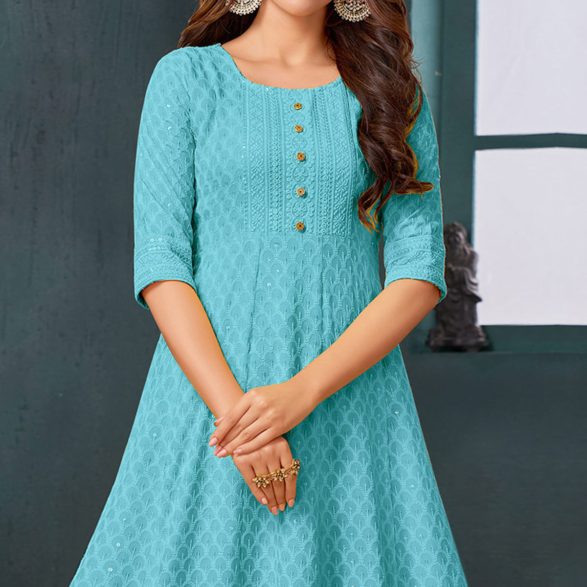 Blue Chikankari Work Aanarkali Style Rayon Kurti