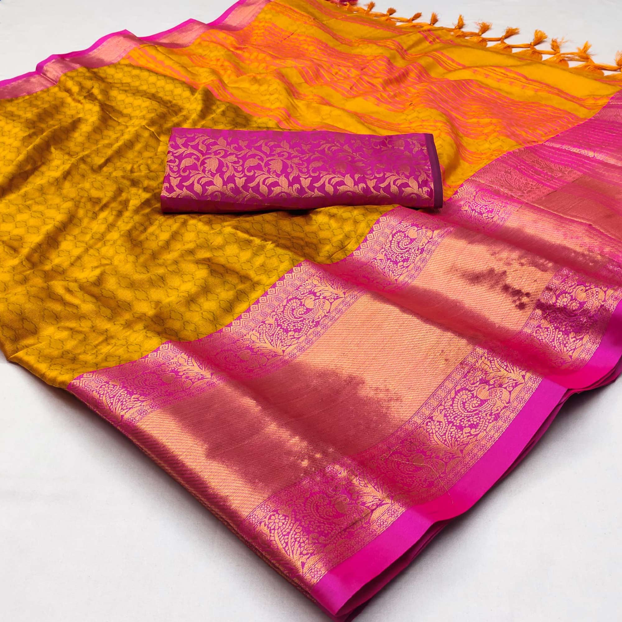 Gold Woven Cotton Silk Saree With Tassels