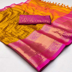 Gold Woven Cotton Silk Saree With Tassels