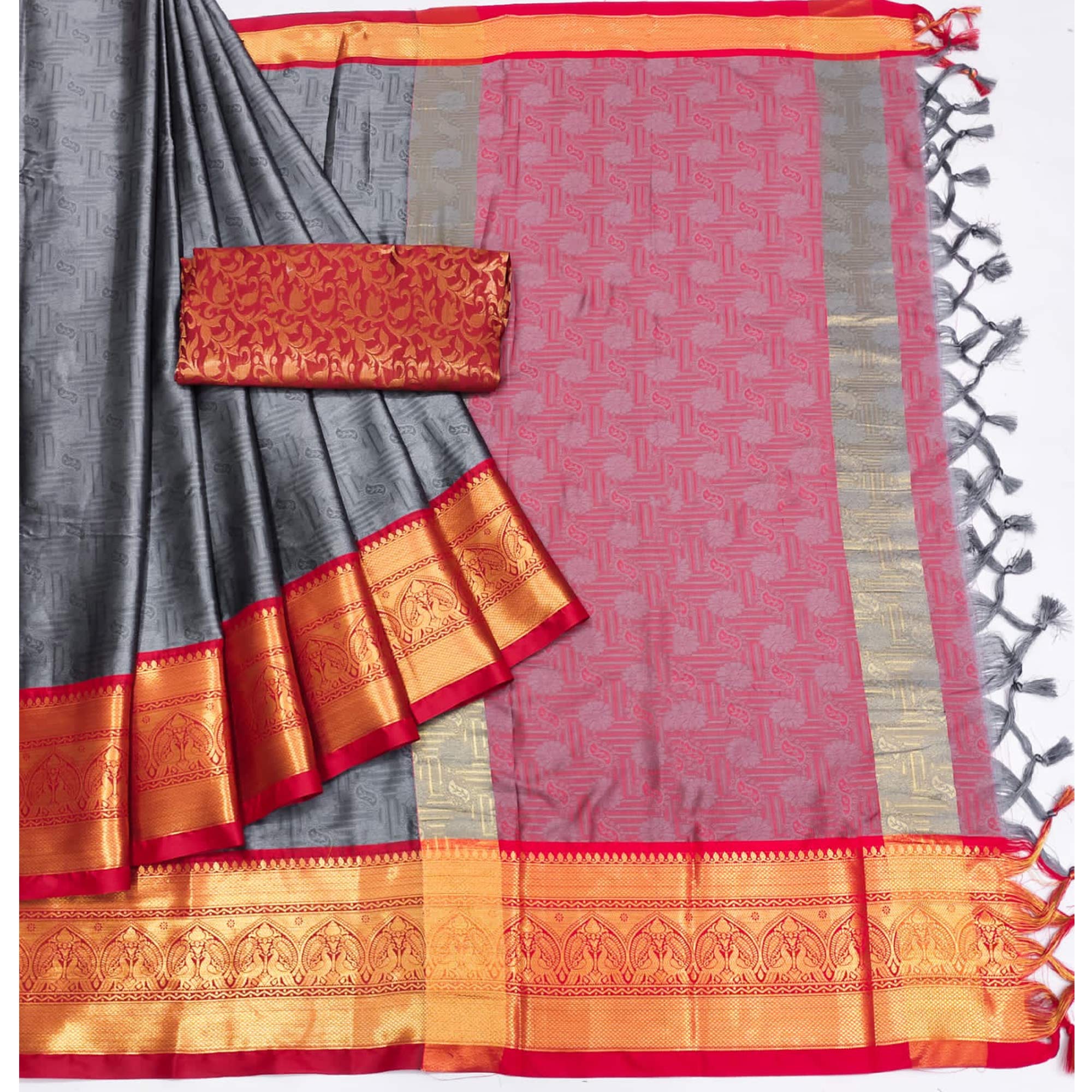 Grey Woven Cotton Silk Saree With Tassels