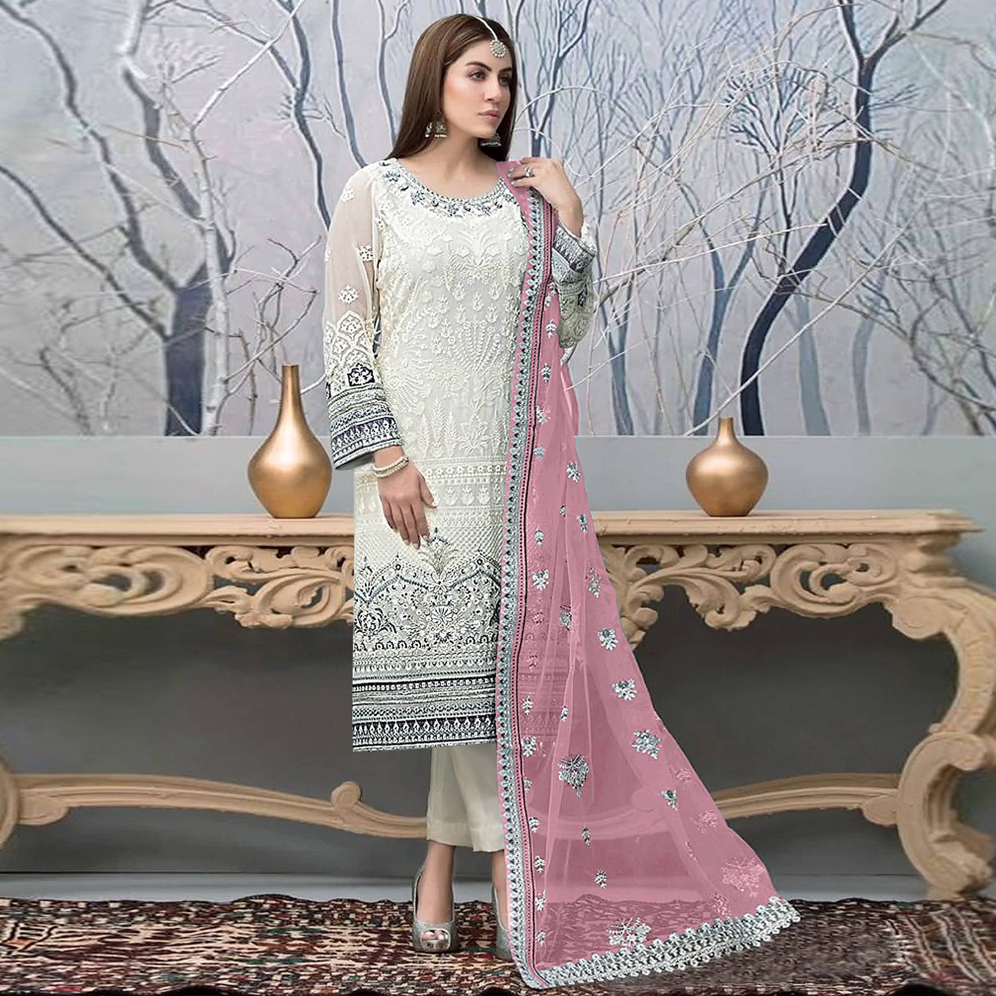 White Embroidered Georgette Pakistani Suit
