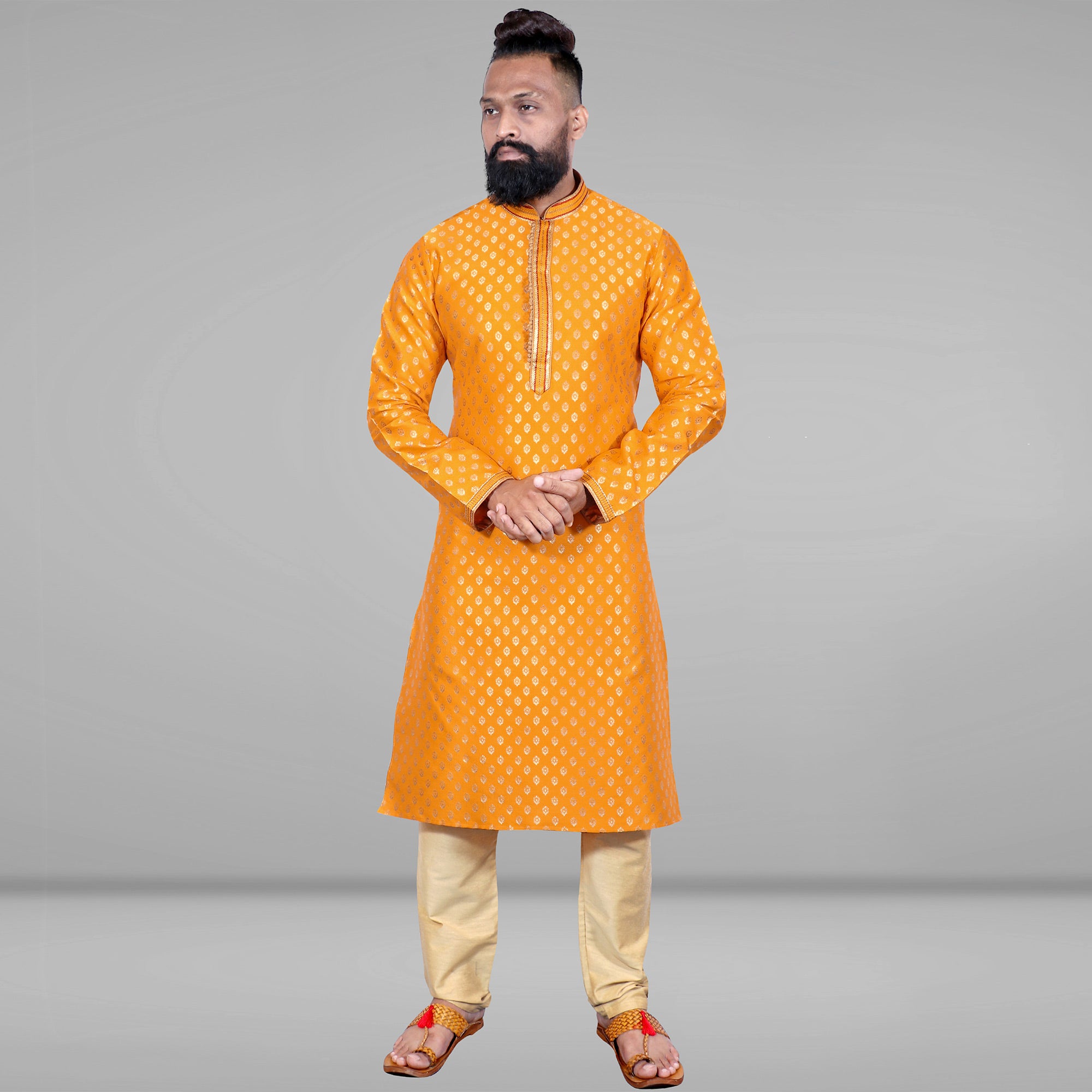 Yellow Woven Jacquard Kurta Pyjama Set
