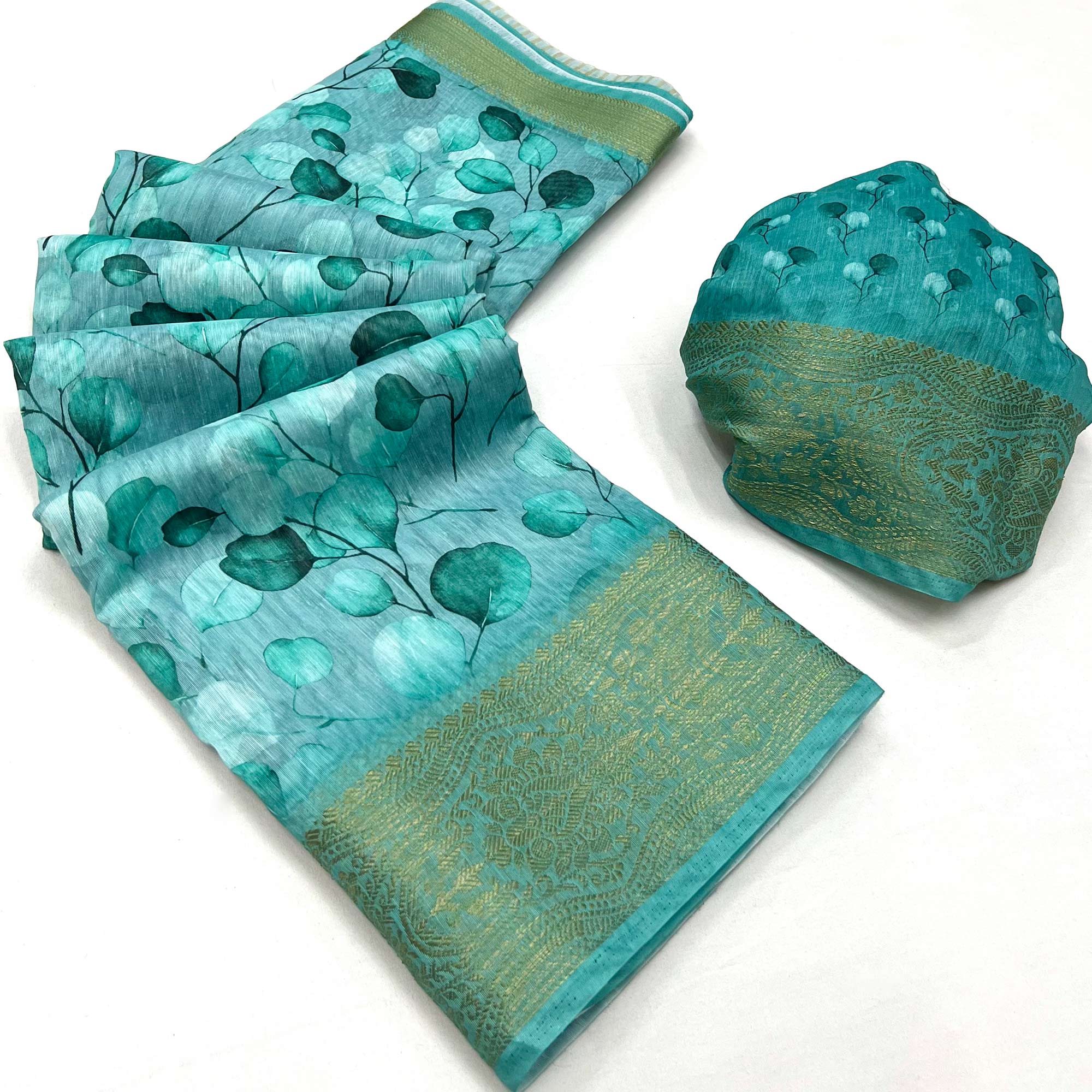 Blue Floral Digital Printed Pure Cotton Saree