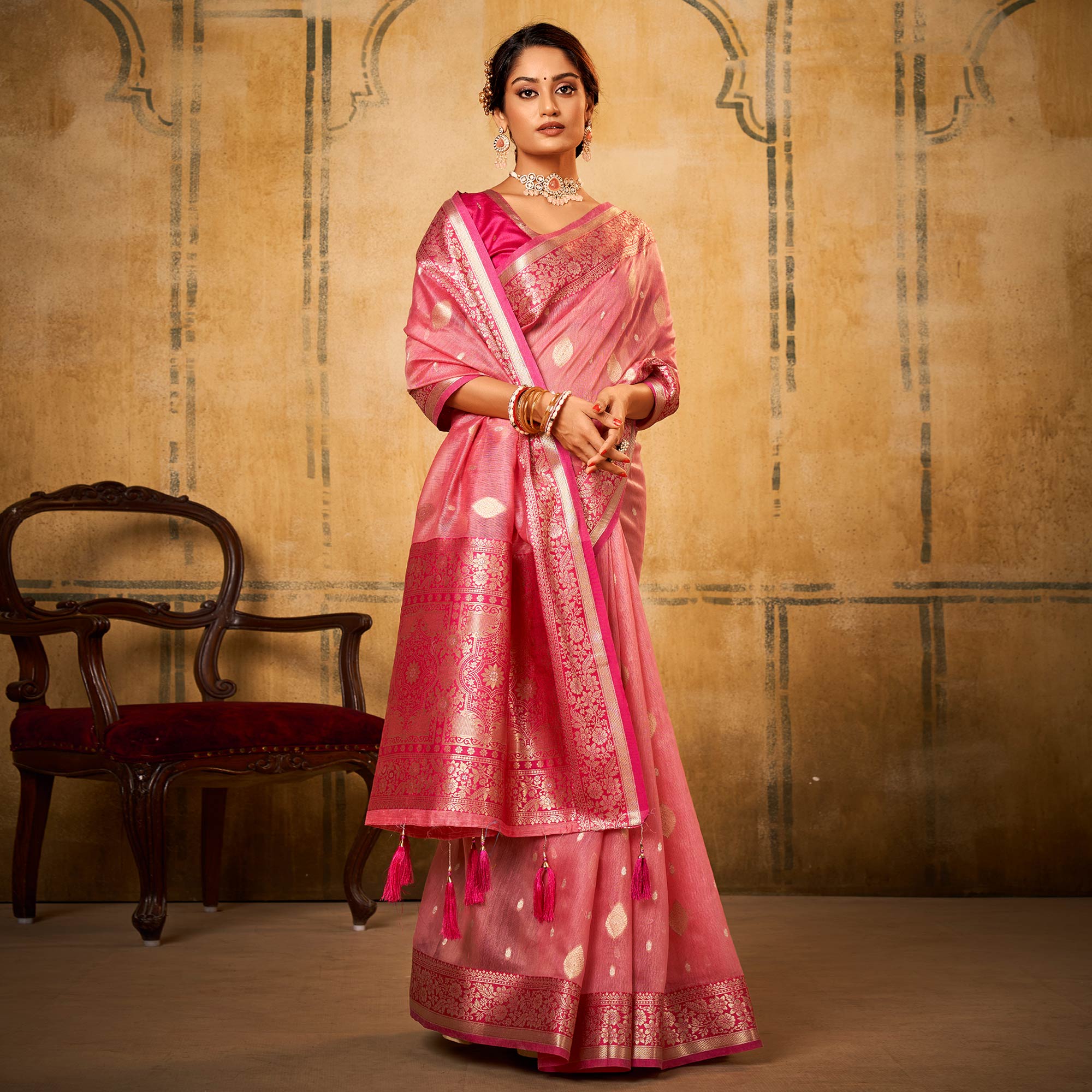 Pink Woven Tissue Saree