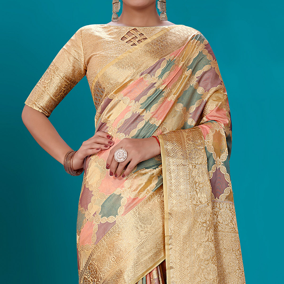 Multicolor Woven Organza Saree With Tassels