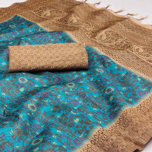 Blue Floral Printed Cotton Silk Saree With Tassels
