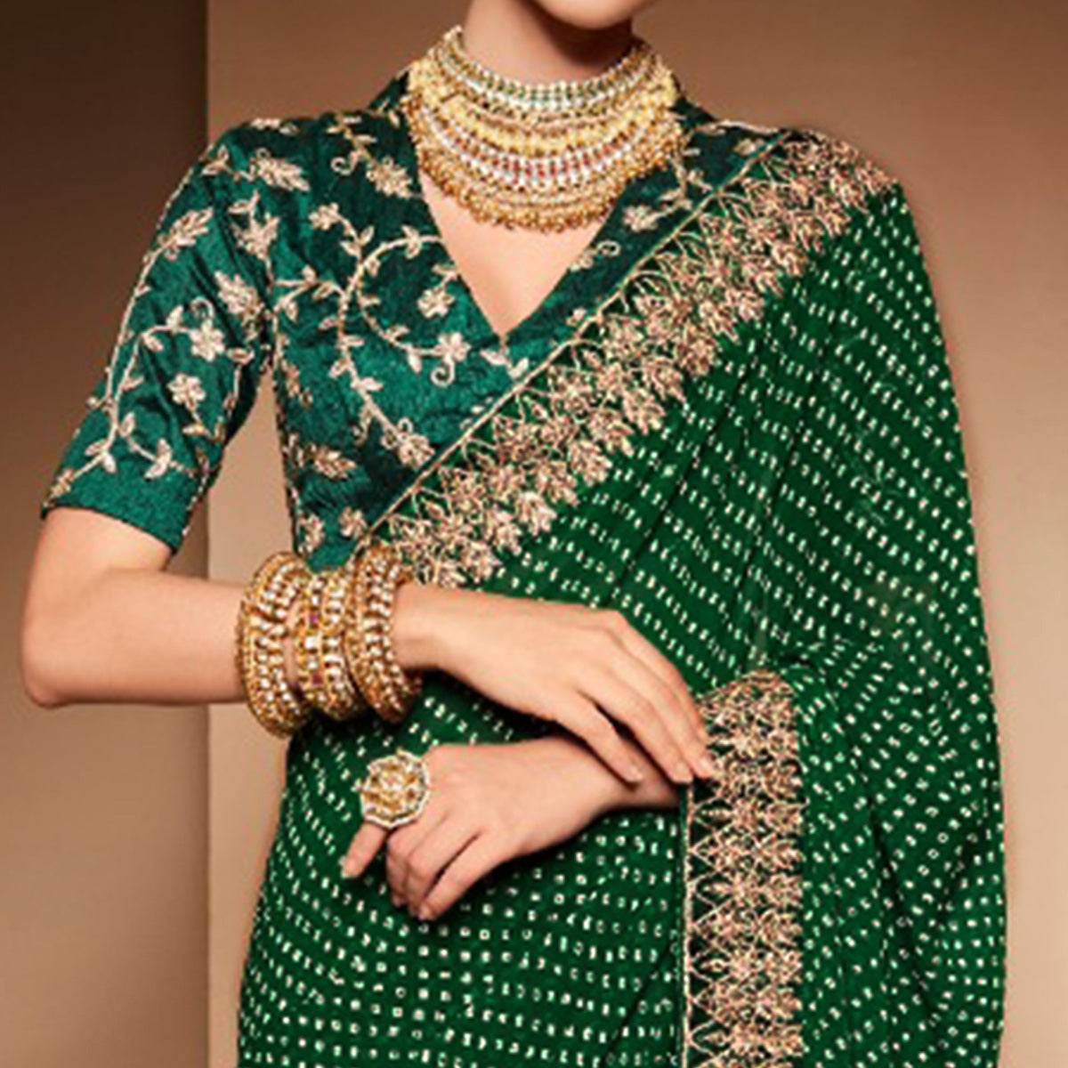 Green Bandhani Printed With Embroidered Border Georgette Saree