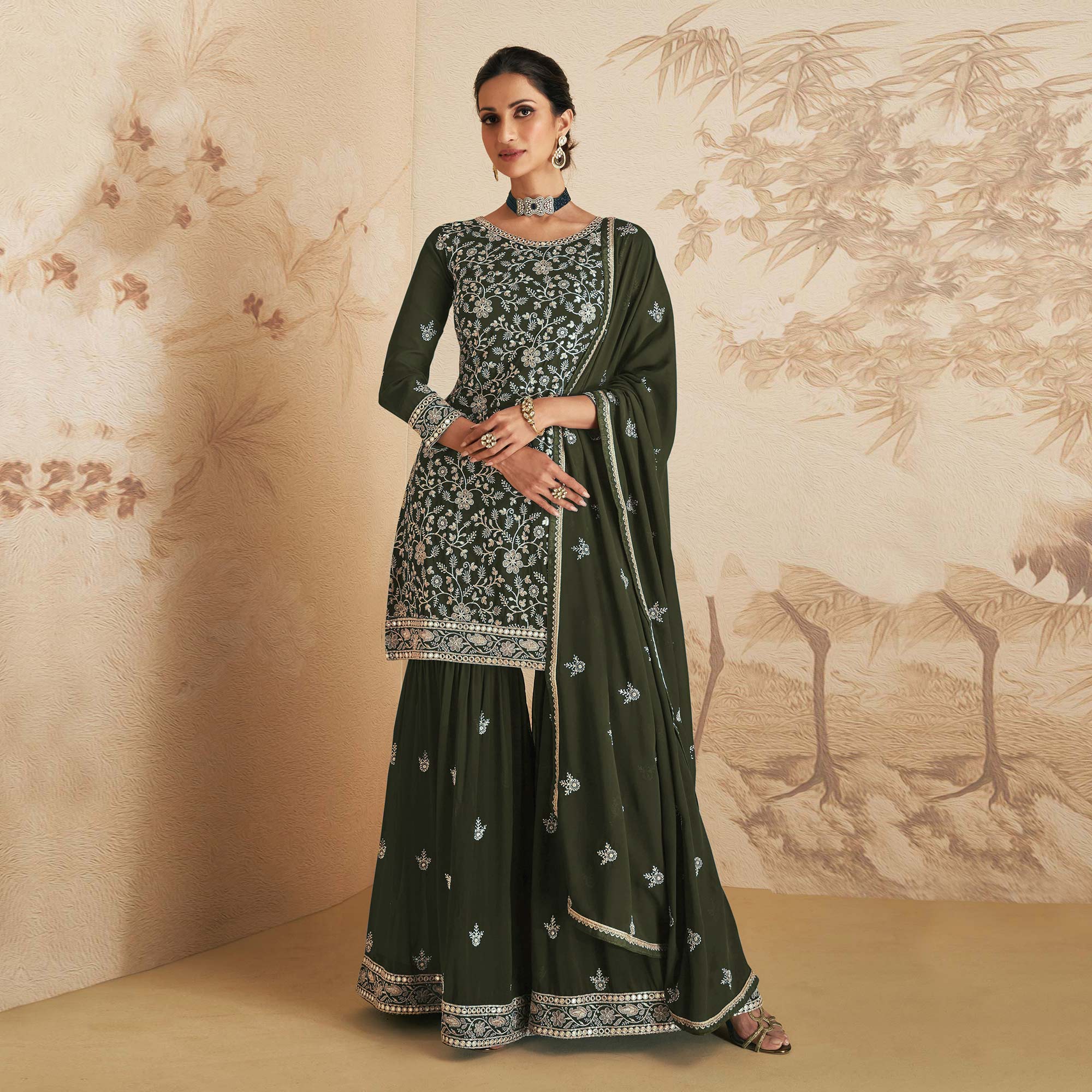 Dark Olive Green Sequins Embroidered Georgette Semi Stitched Sharara Suit