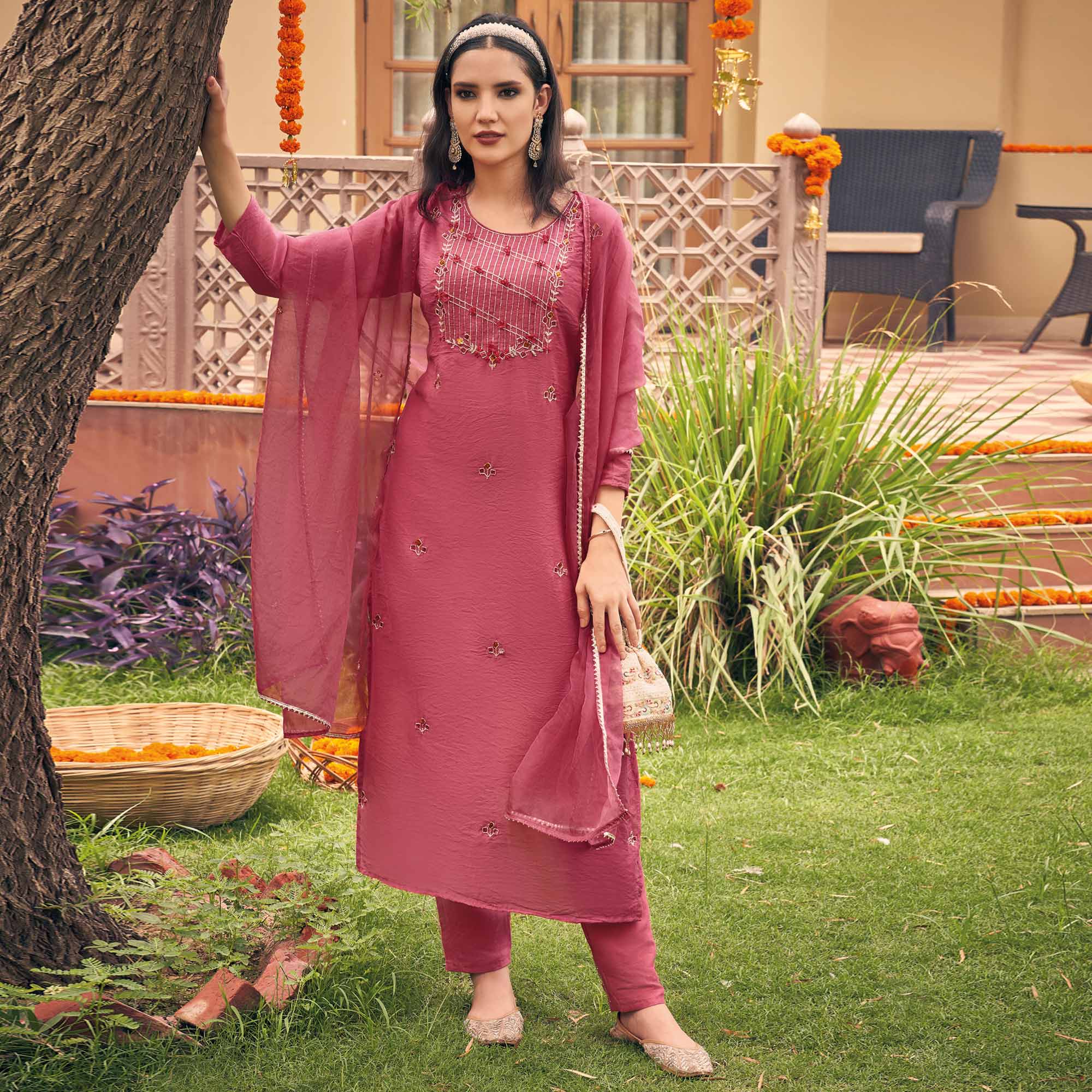 Pink Embellished Viscose Salwar Suit