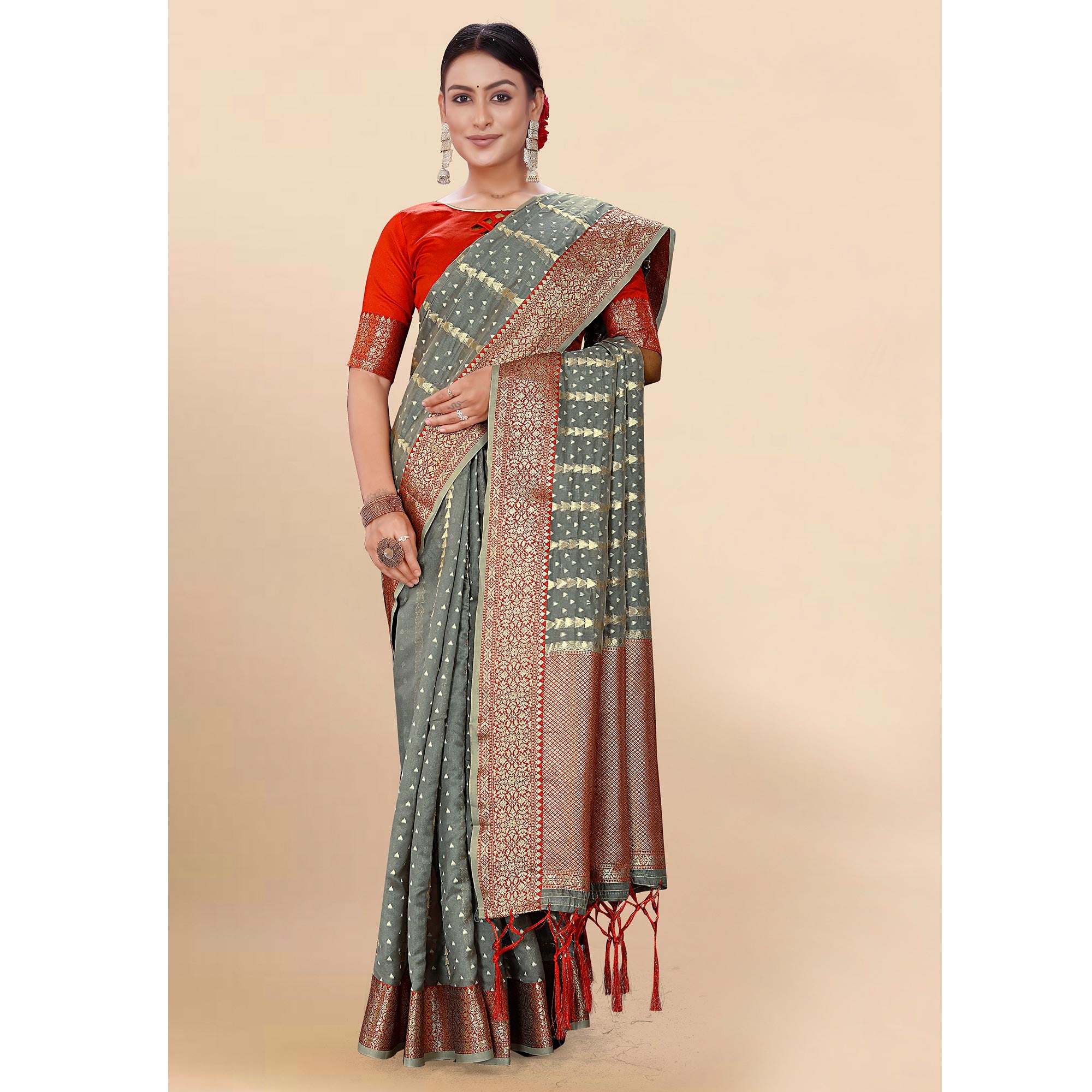 Grey Woven Organza Saree With Tassels