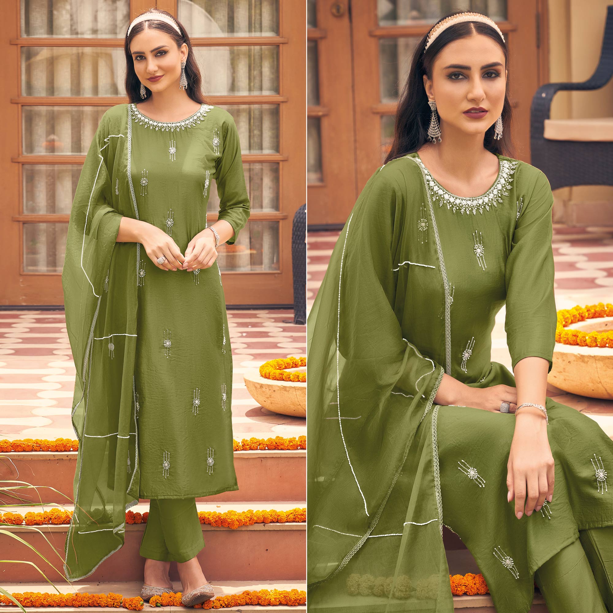 Green Embellished Viscose Salwar Suit