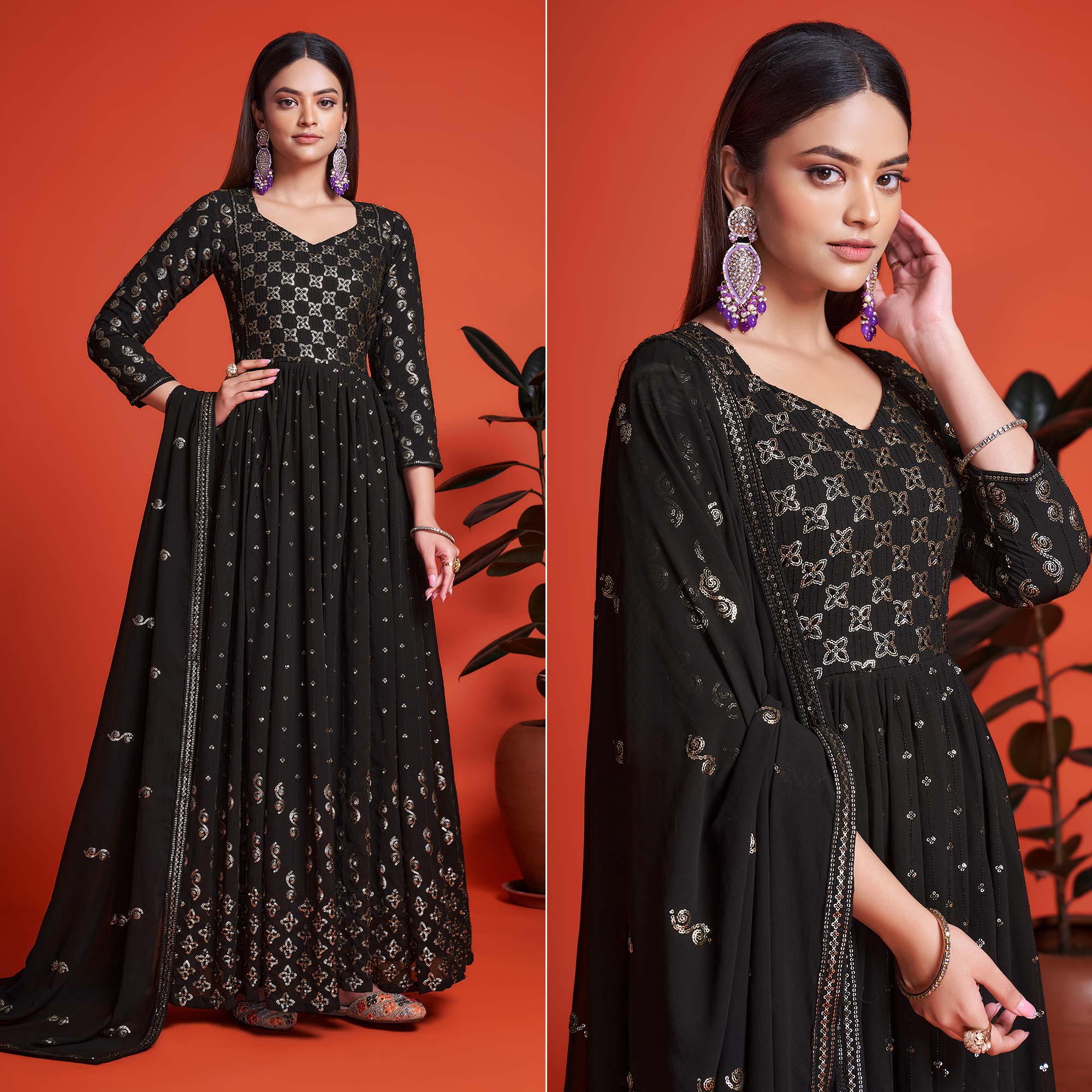 Black Sequins Embroidered Georgette Gown With Dupatta