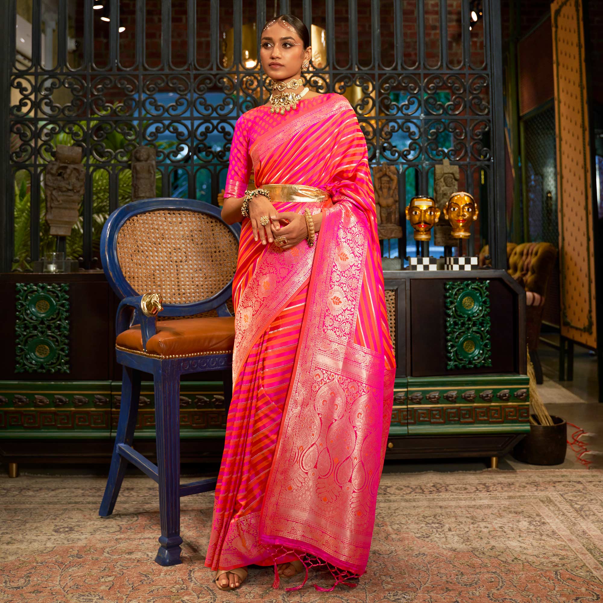 Pink Woven Satin Saree With Tassels