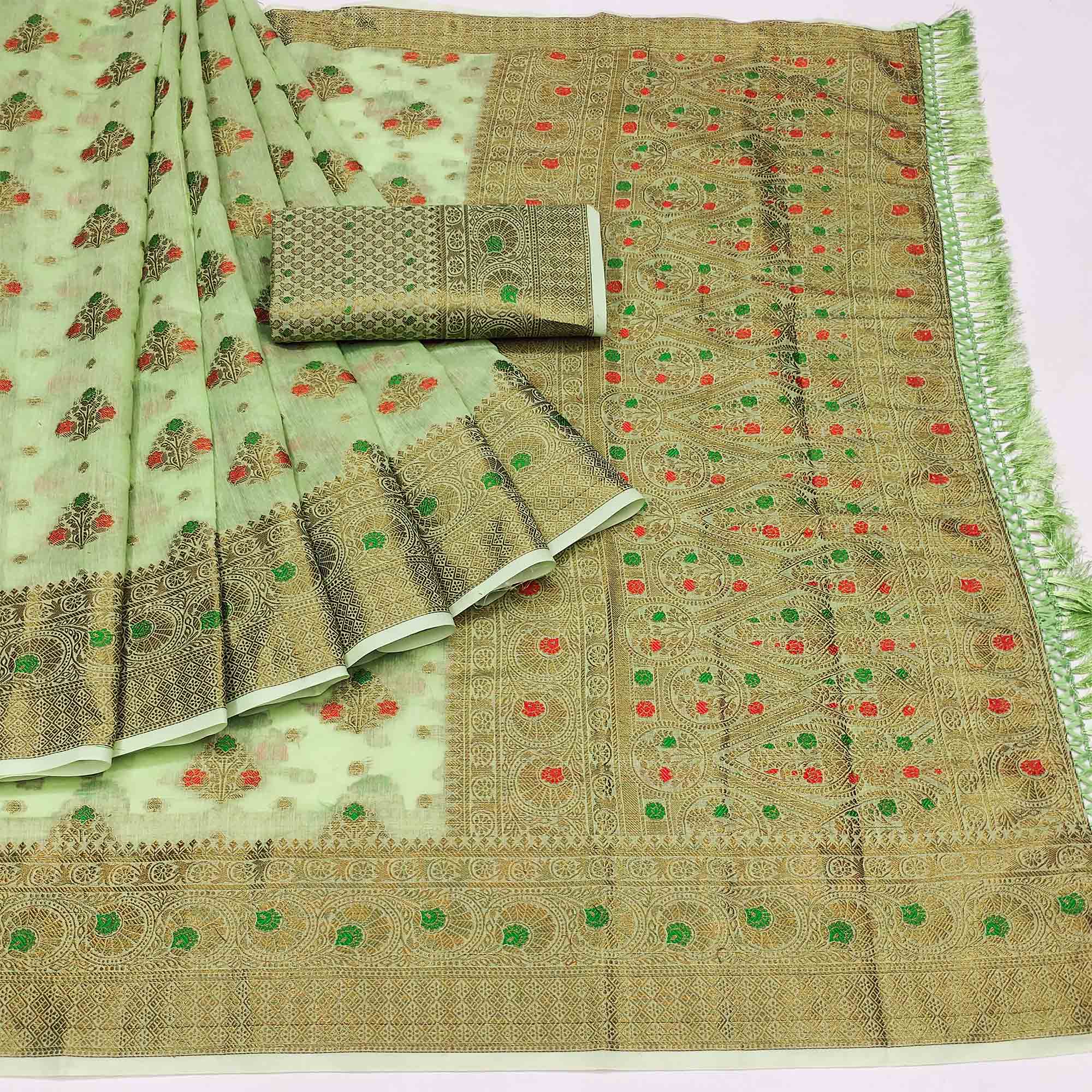 Green Woven Cotton Blend Saree With Tassels