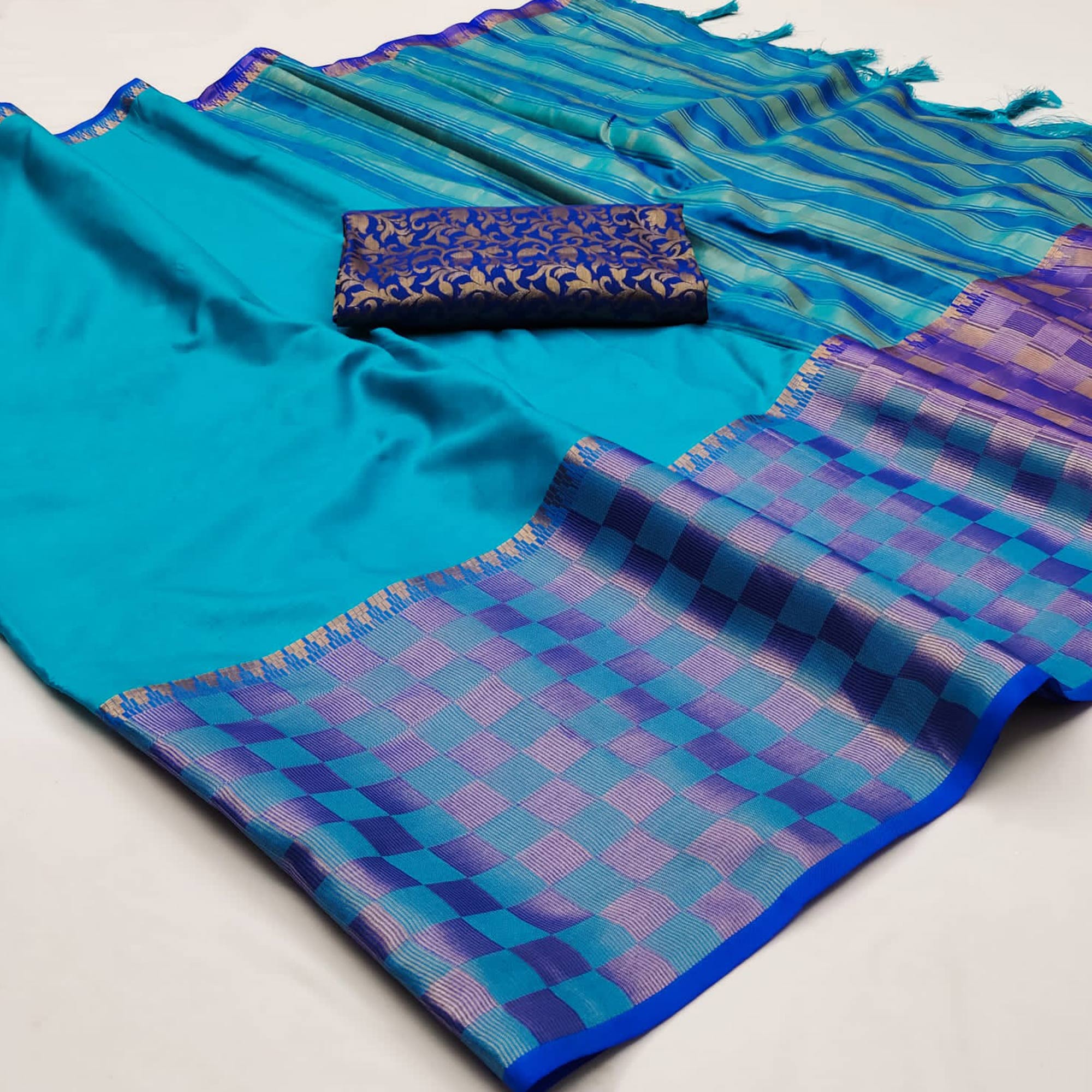 Firozi Woven Cotton Silk Saree With Tassels
