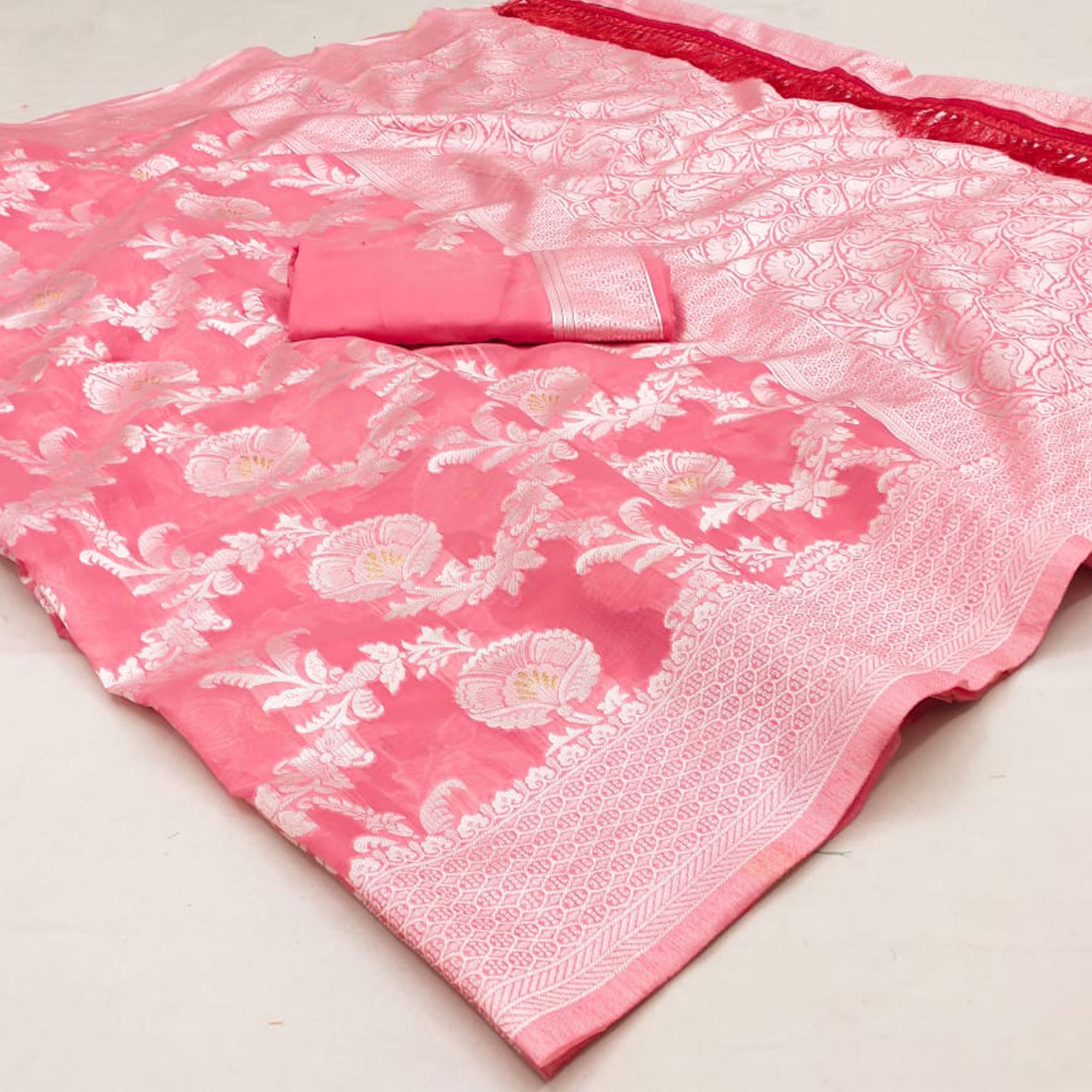 Rose Pink Woven Cotton Blend Saree With Tassels