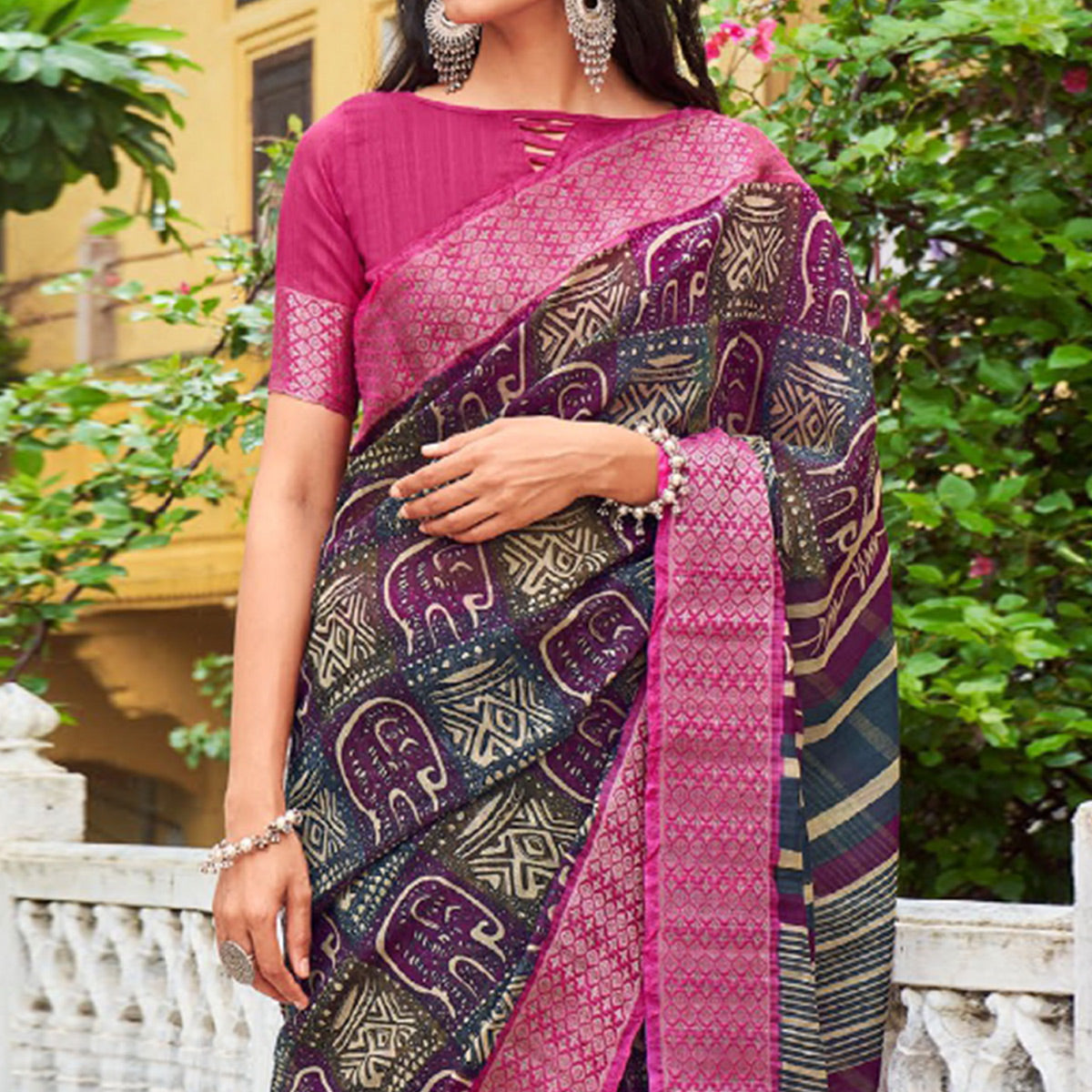 Multicolored Printed With Woven Border Raw Silk Saree
