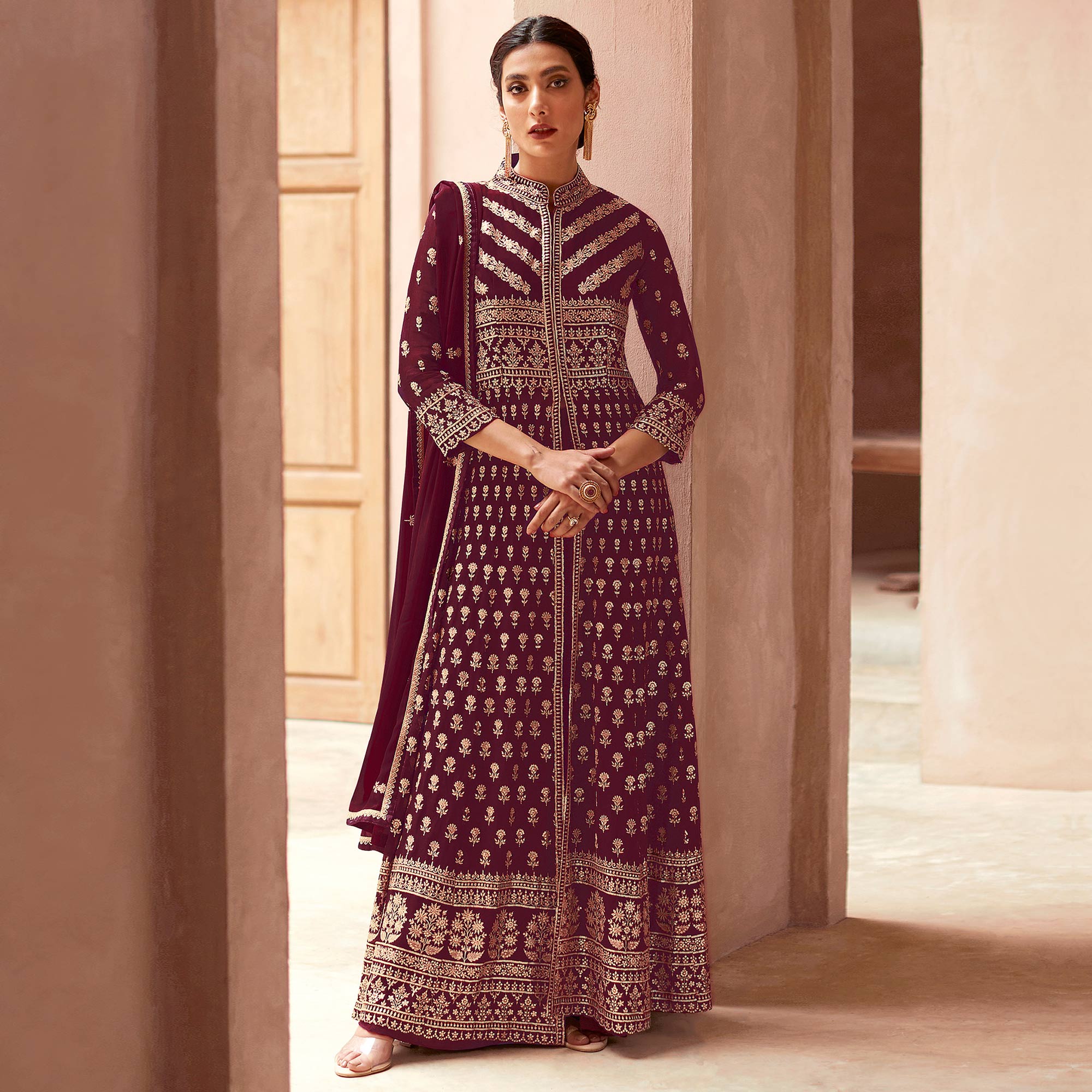 Maroon Floral Embroidered Georgette Palazzo Suit