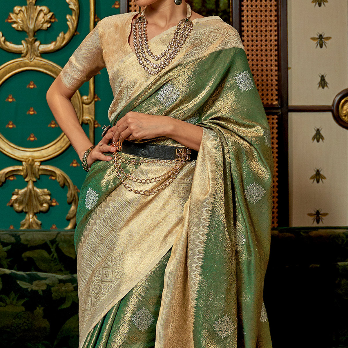 Green Woven Art Silk Saree With Tassels