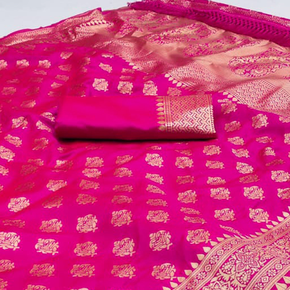Pink Woven Jacquard Saree With Tassels