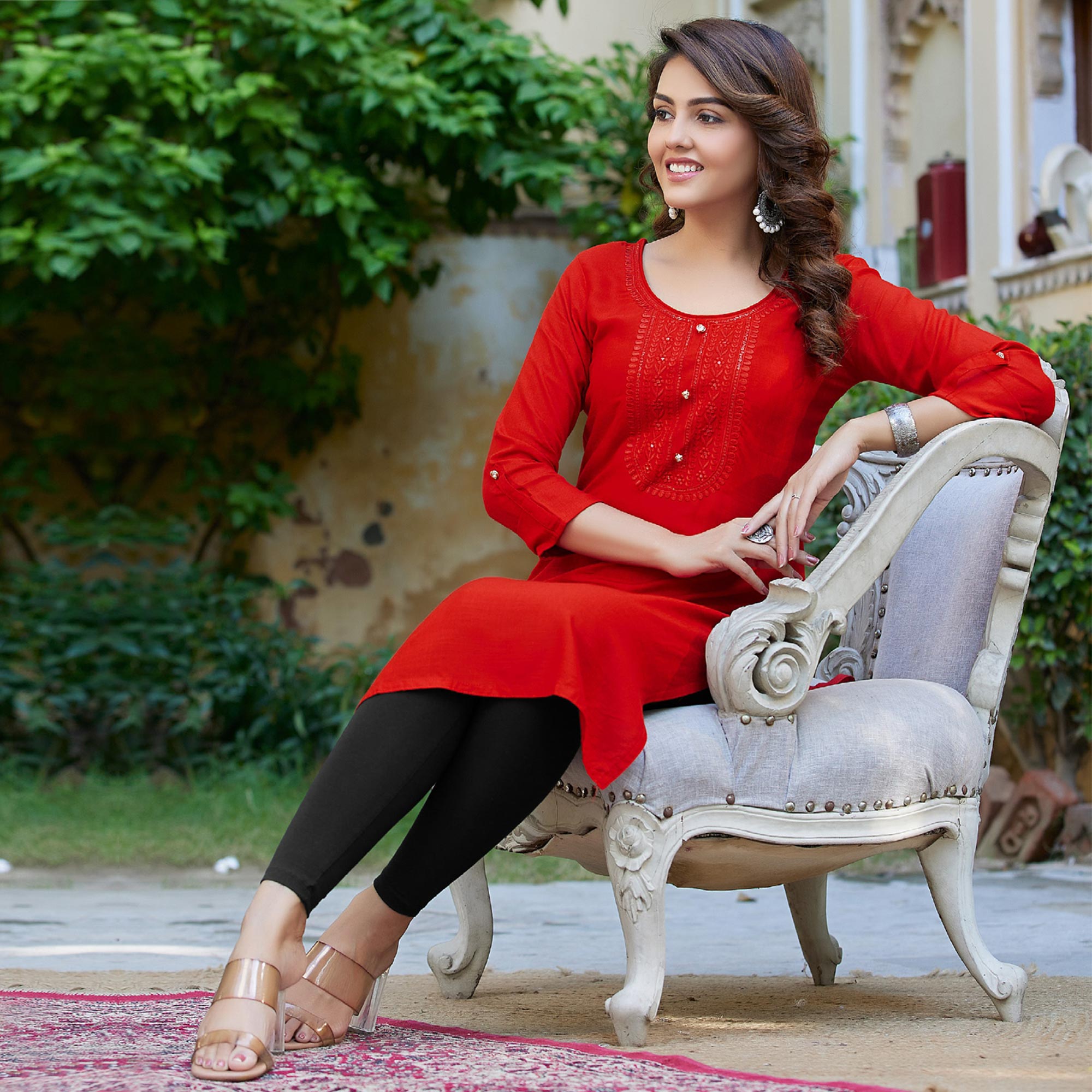 Red Embroidered Rayon Kurti