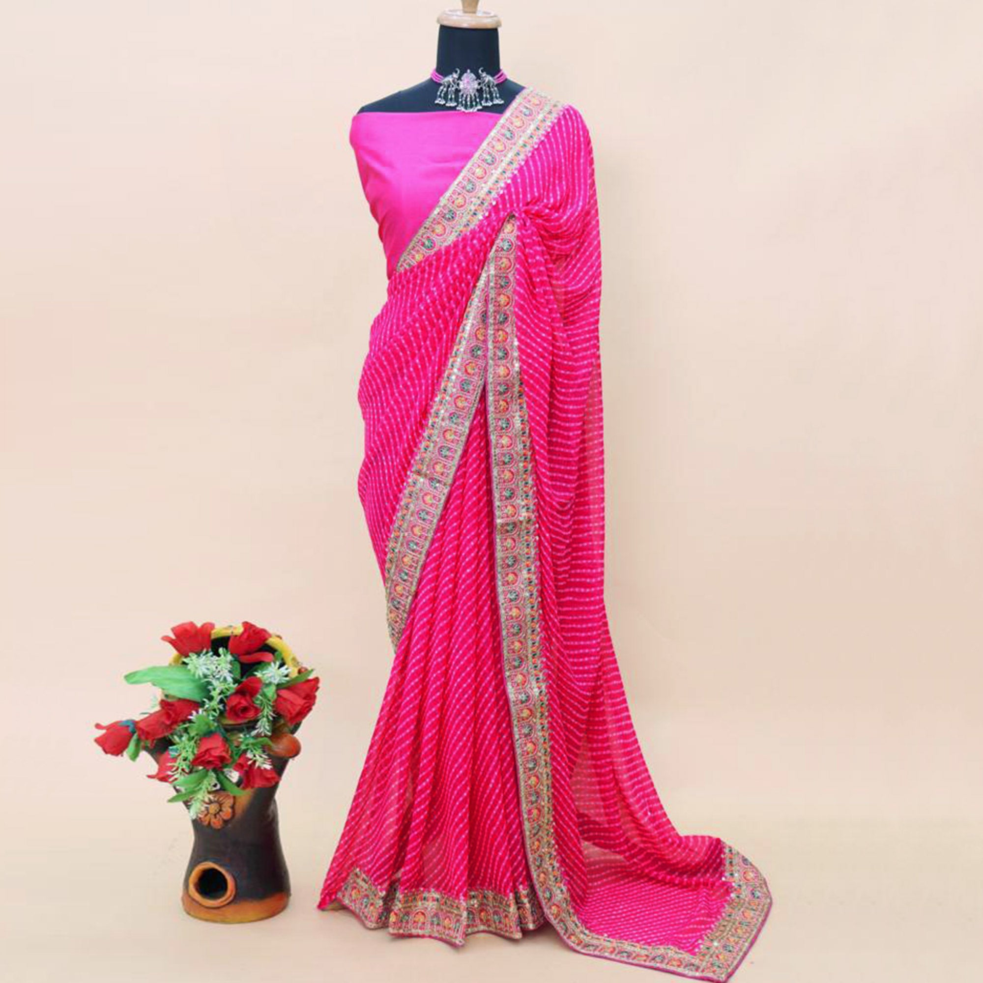 Pink Printed With Sequins Embroidered Georgette Saree