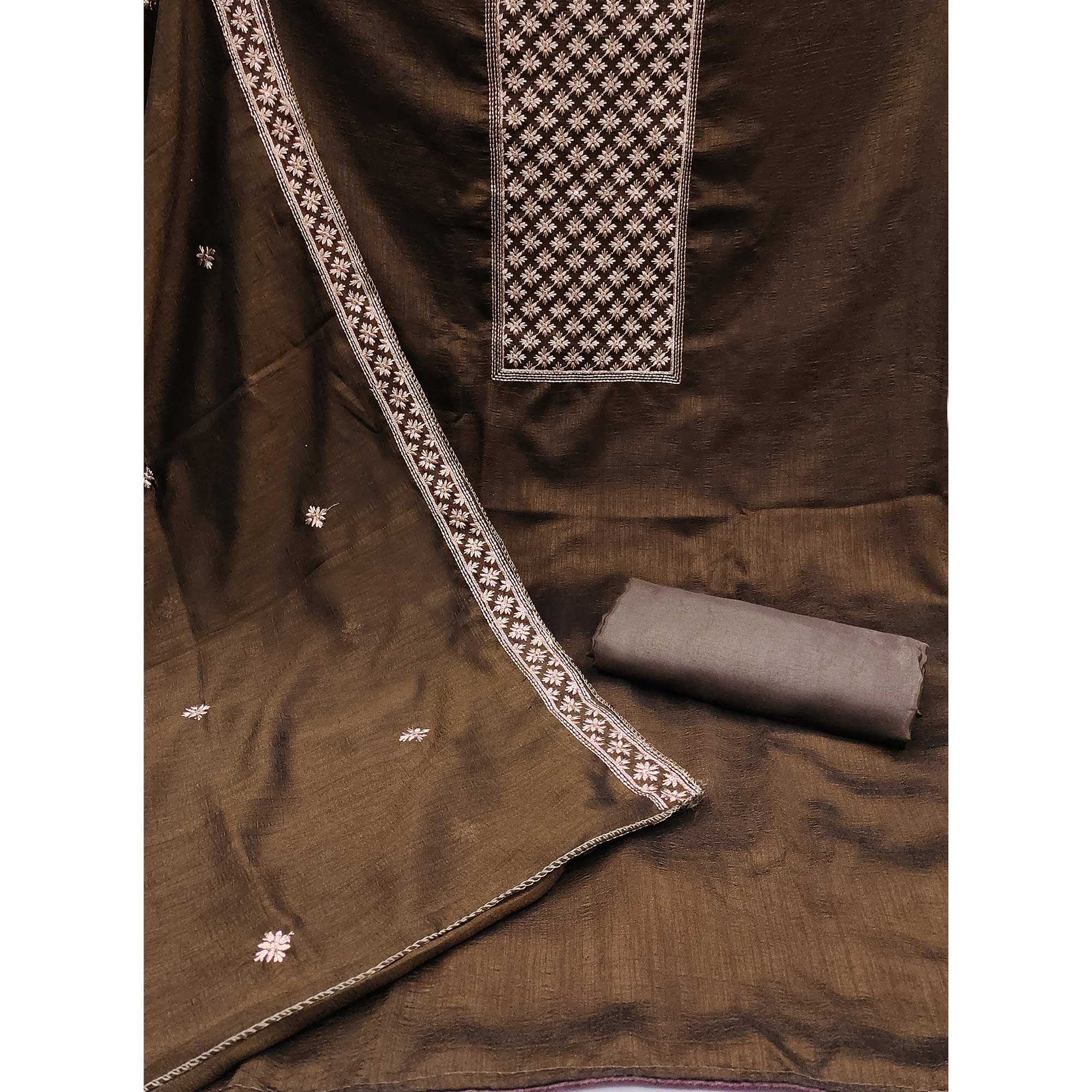 Coffee Brown Embroidered Modal Dress Material