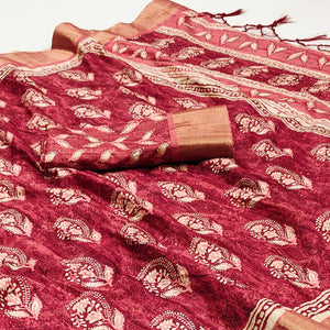 Pink Floral Printed Matka Tussar Saree With Tassels