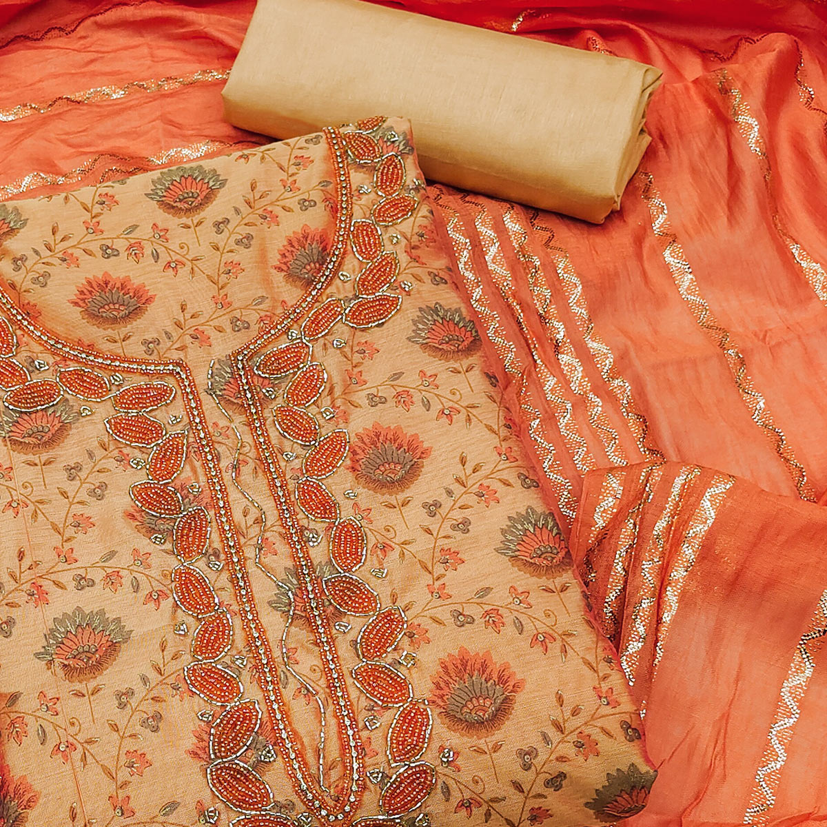 Orange Printed With Handwork Modal Dress Material
