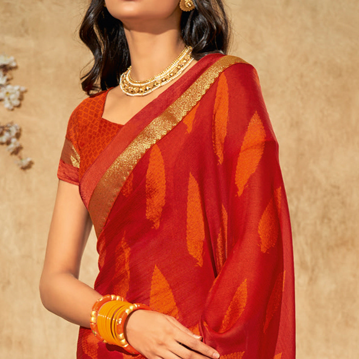 Rust & Orange Printed Chiffon Saree With Brocade Lace