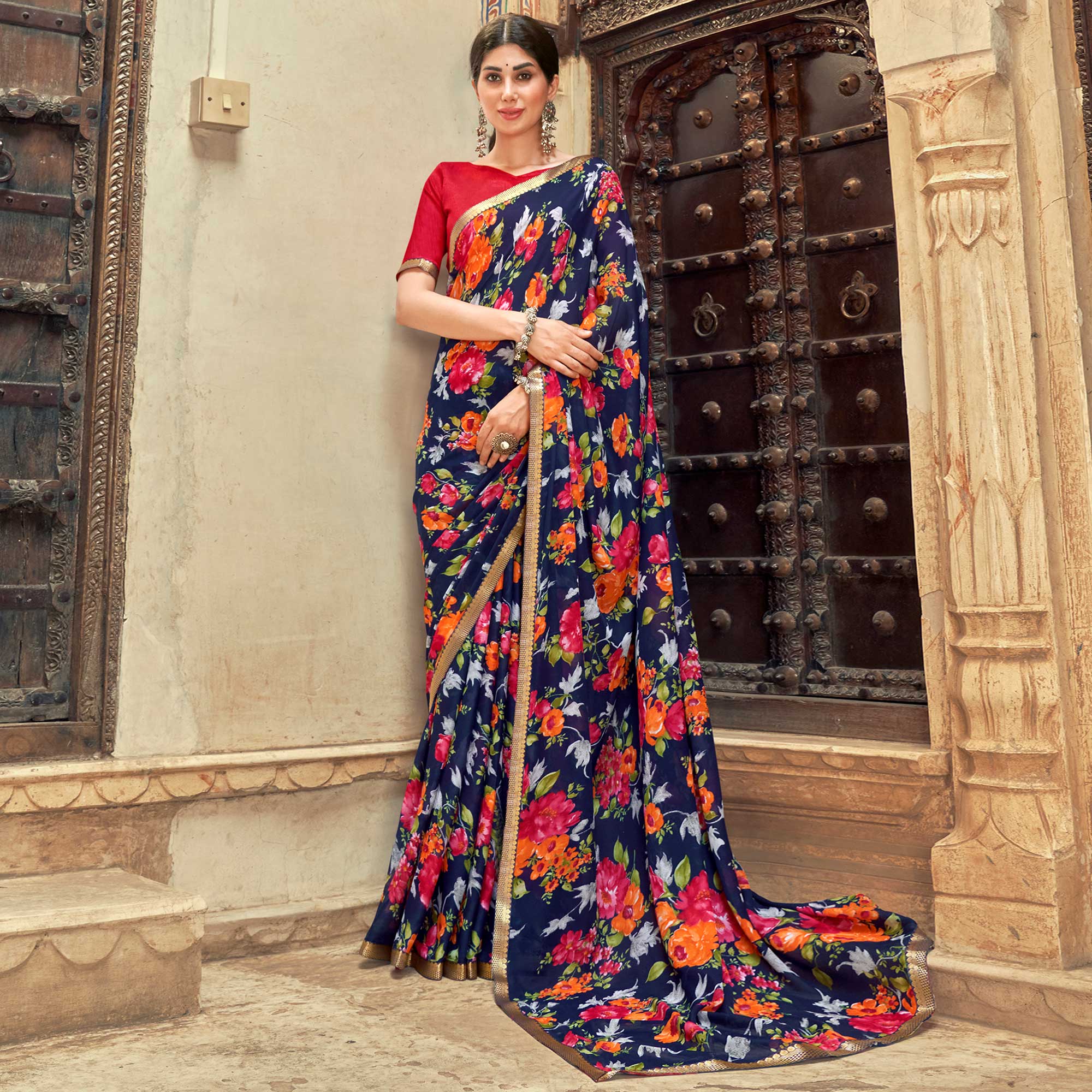 Navy Blue Floral Printed Chiffon Saree