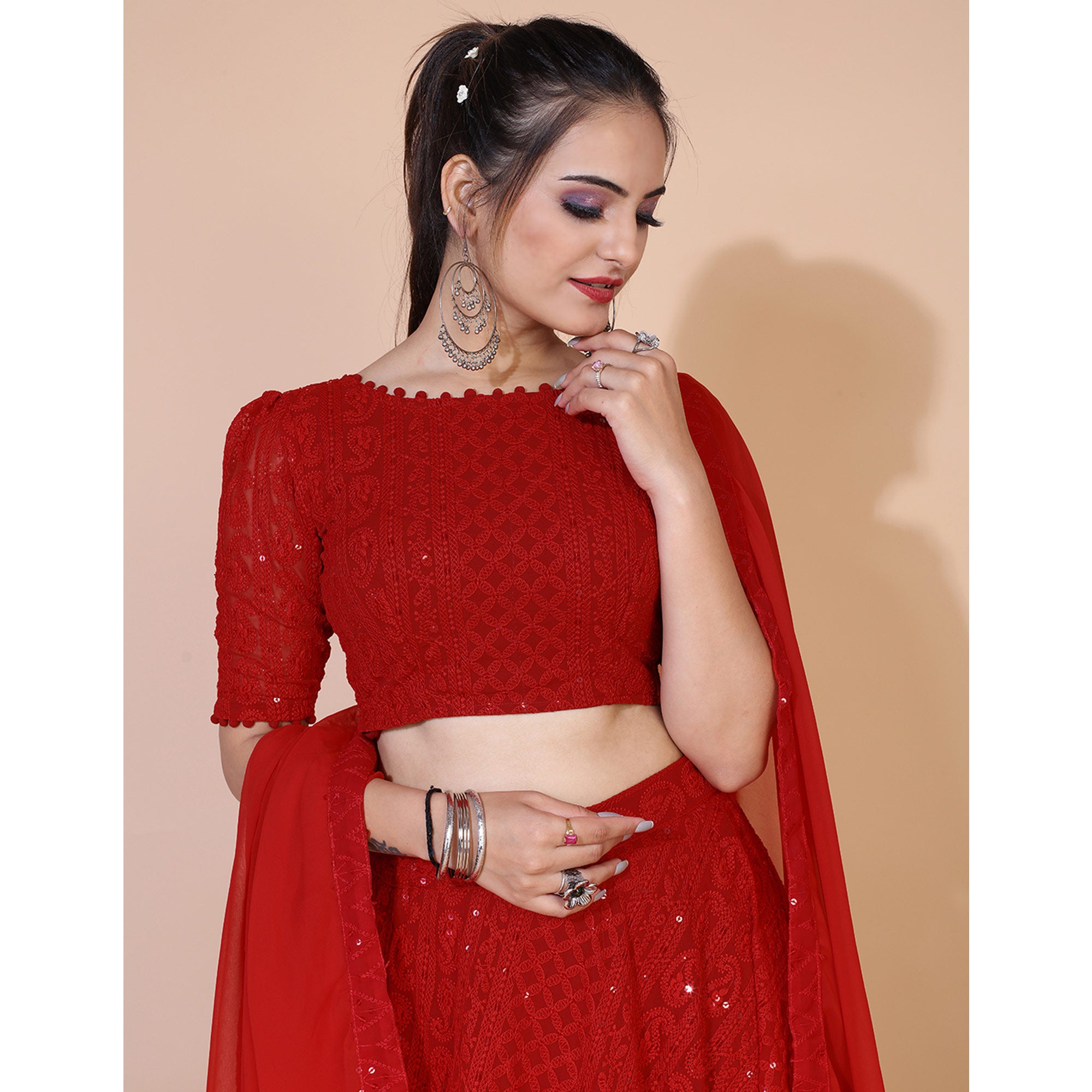 Red Lucknowi Chikankari Work Georgette Lehenga Choli