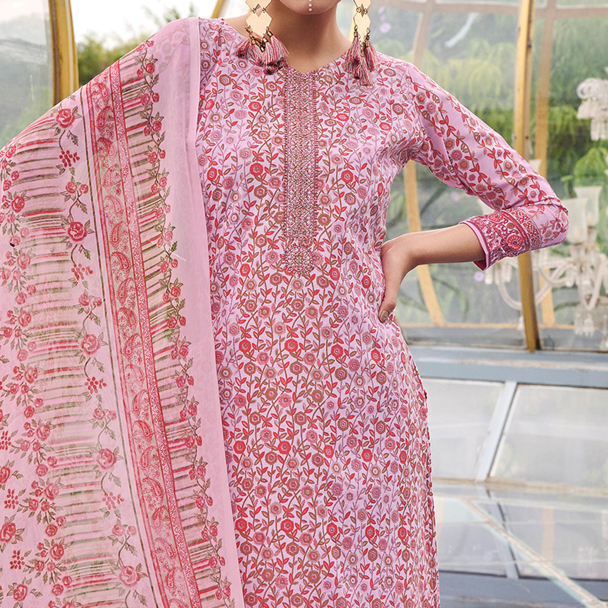 Pink Printed With Embroidered Pure Cotton Salwar Suit