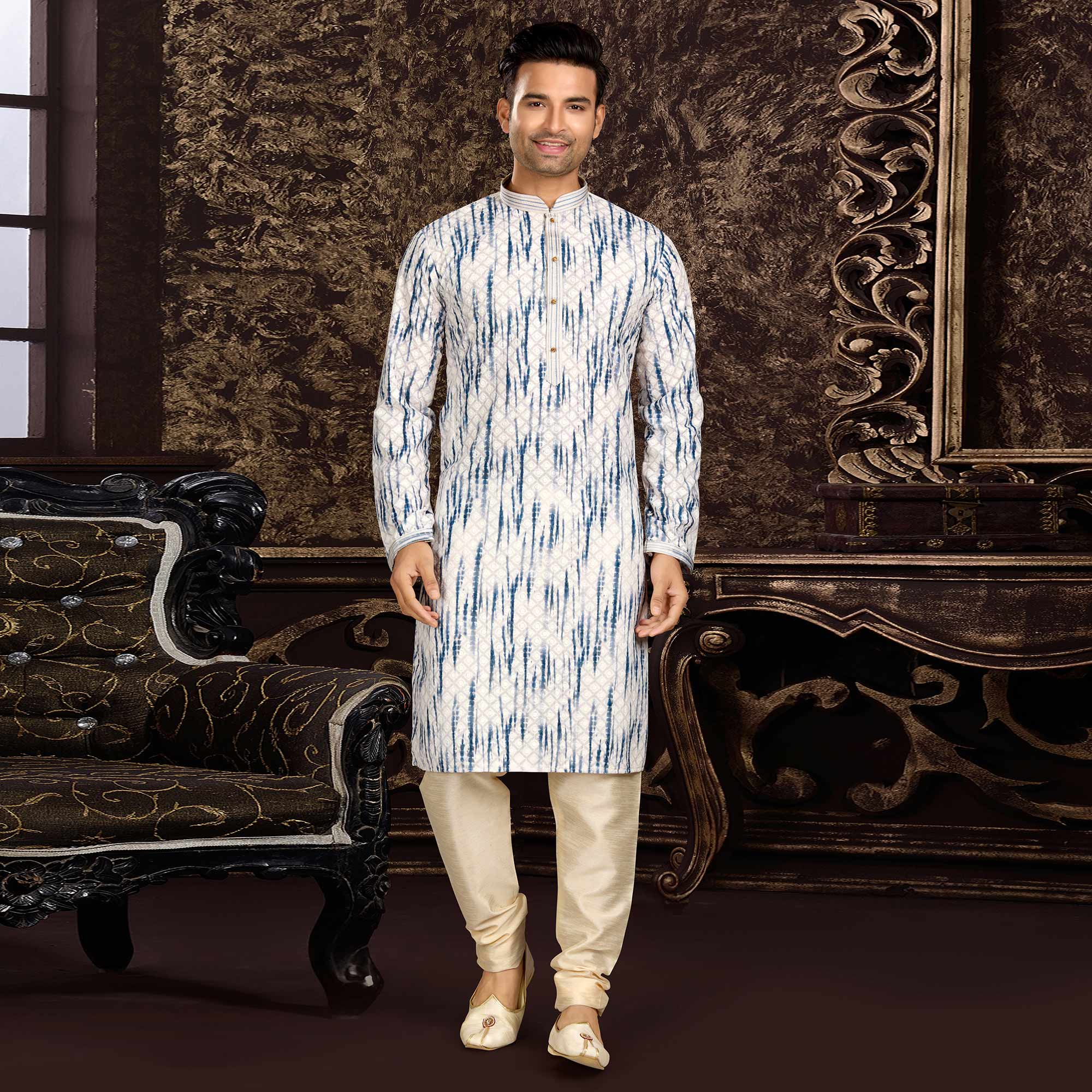 White Blue Lucknowi And Digital Printed Cotton Kurta Pyjama Set