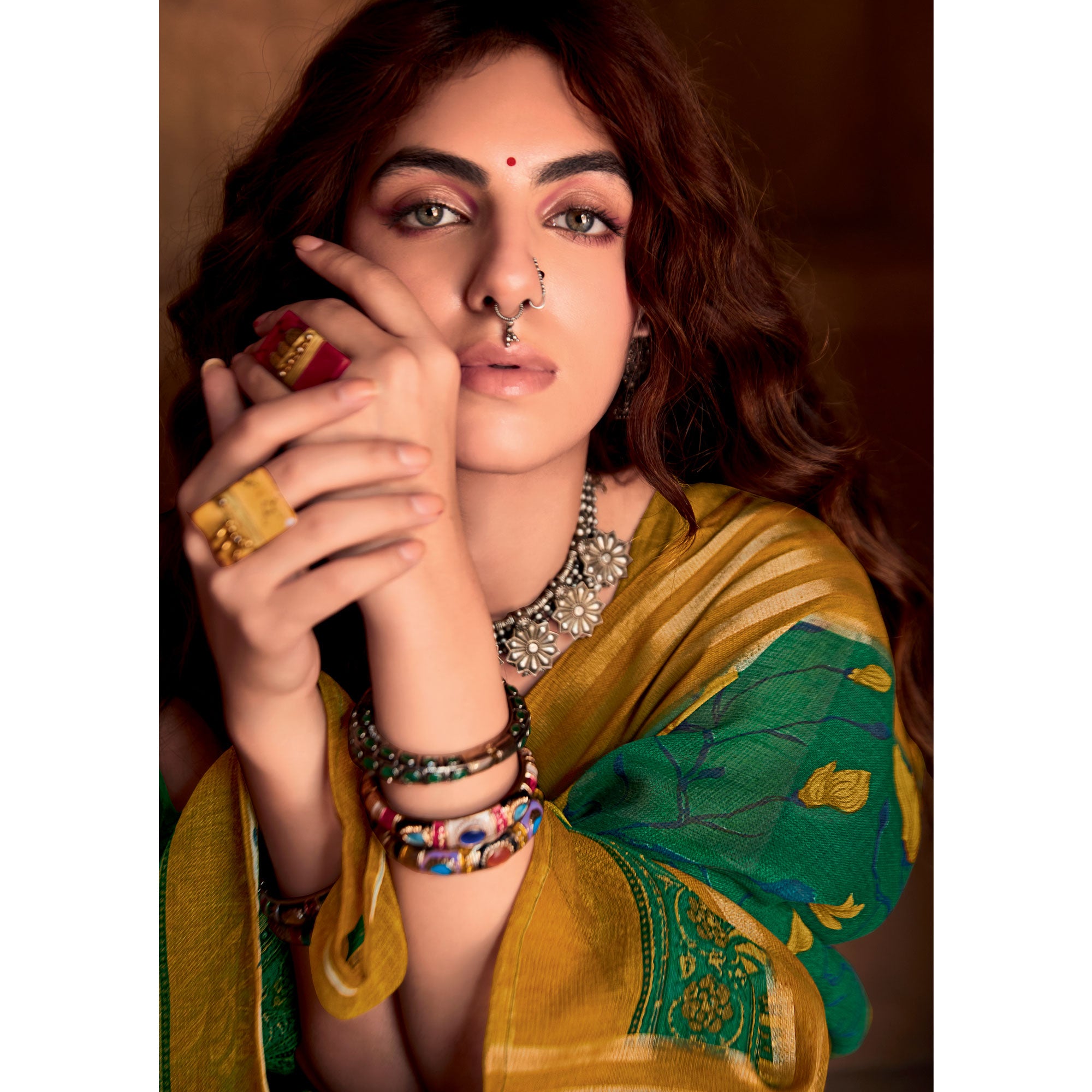 Green Floral Printed Linen Saree