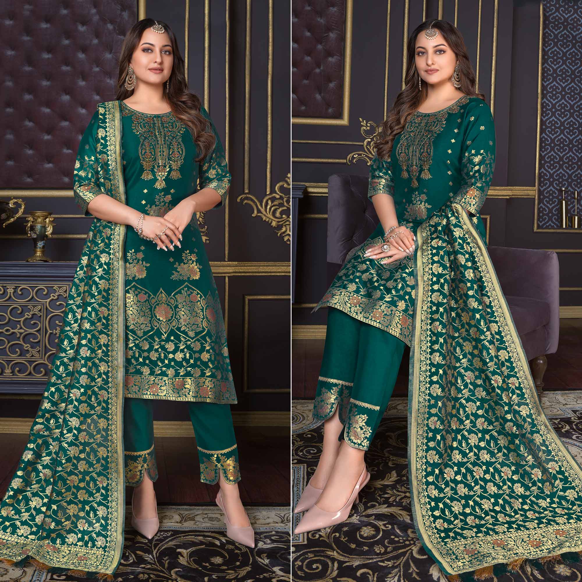 Teal Green Woven Banarasi Silk Salwar Suit