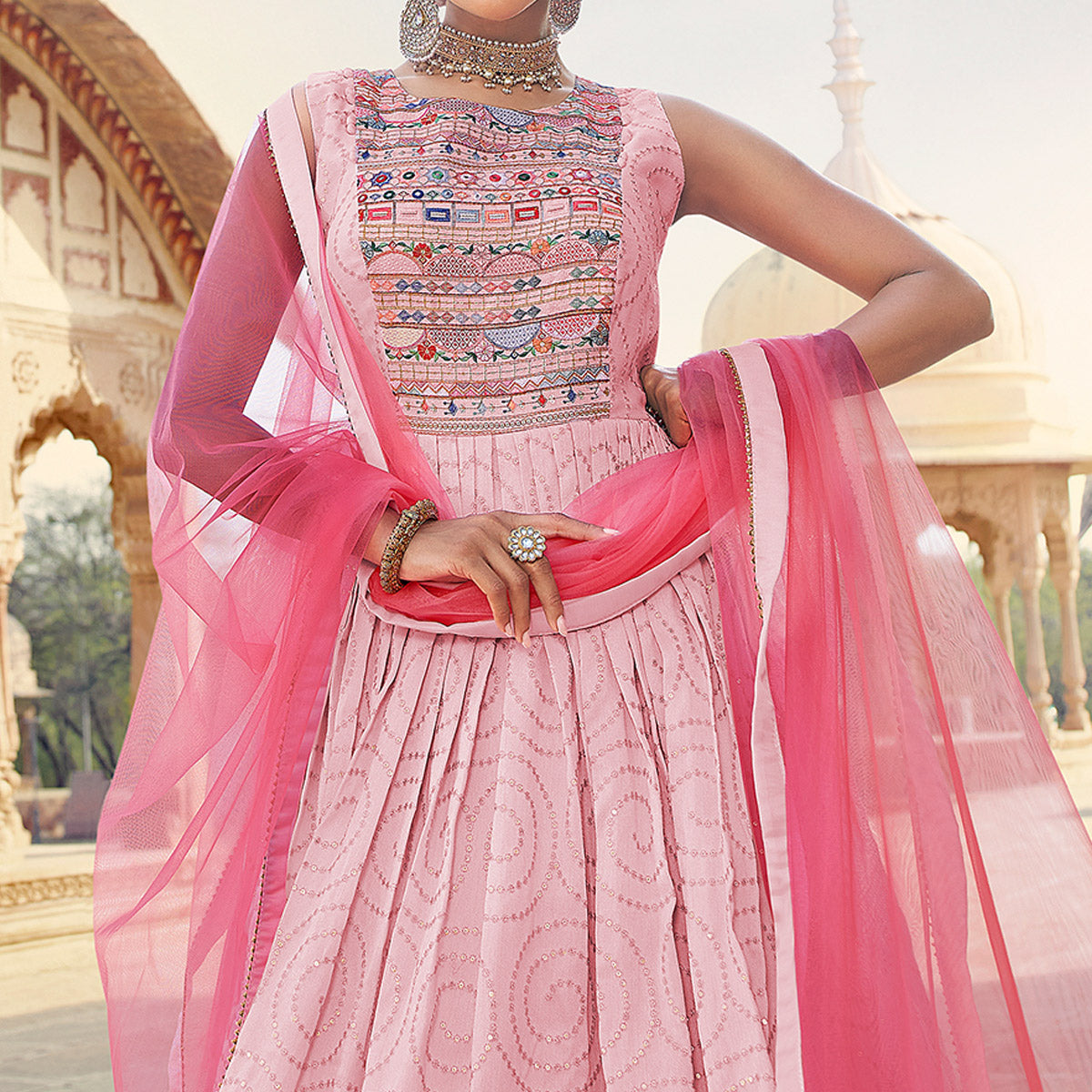 Light Pink Sequins Embroidered Raw Silk Gown