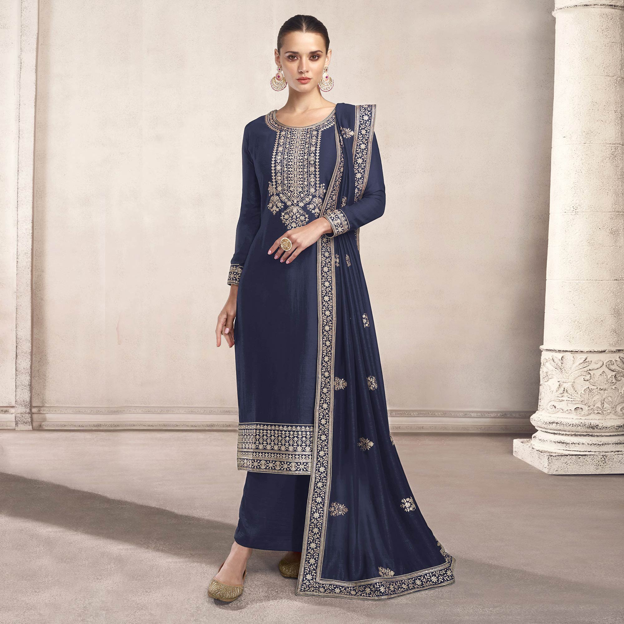 Navy Blue Embroidered Dola Silk Salwar Suit