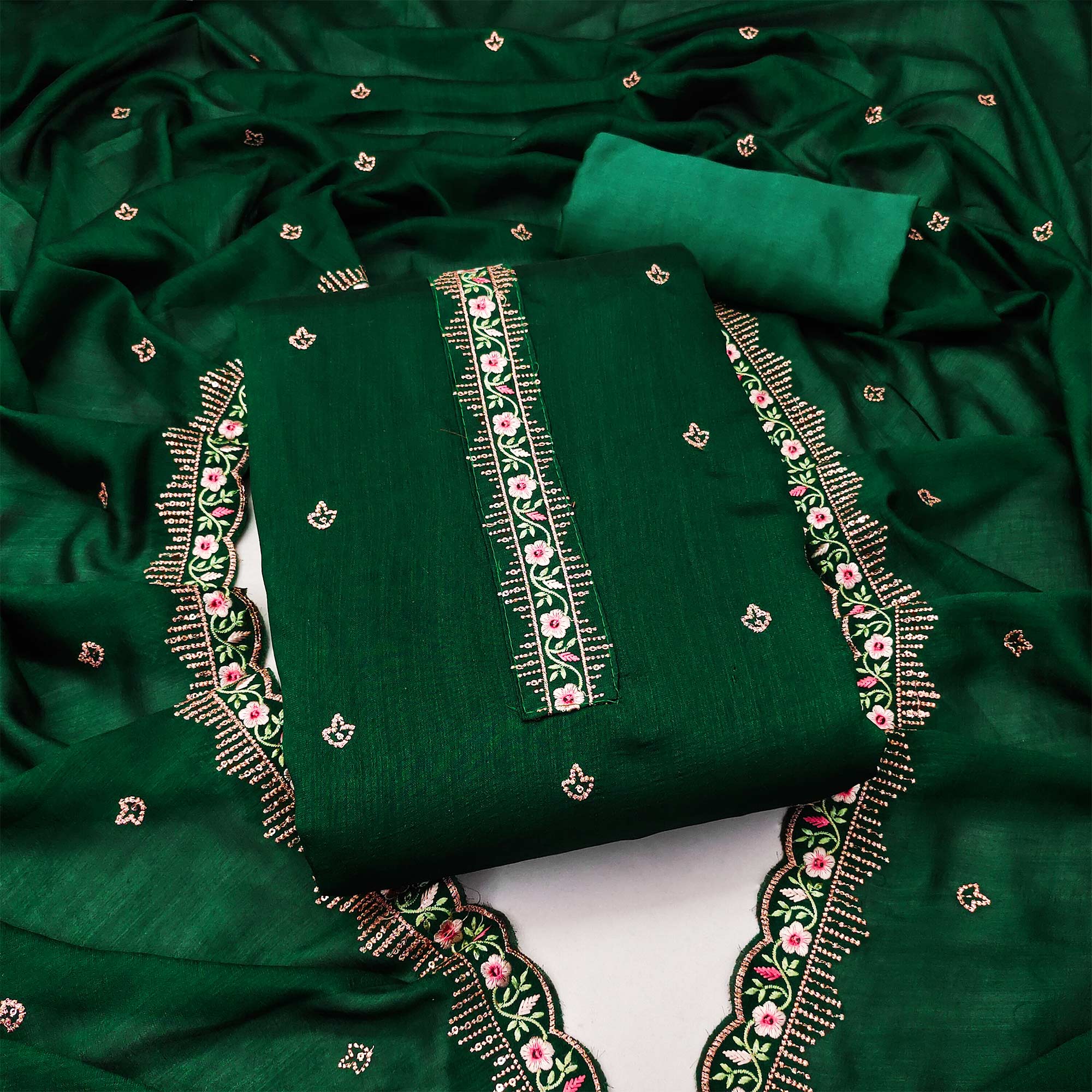 Bottle Green Floral Embroidered Vichitra Silk Dress Material