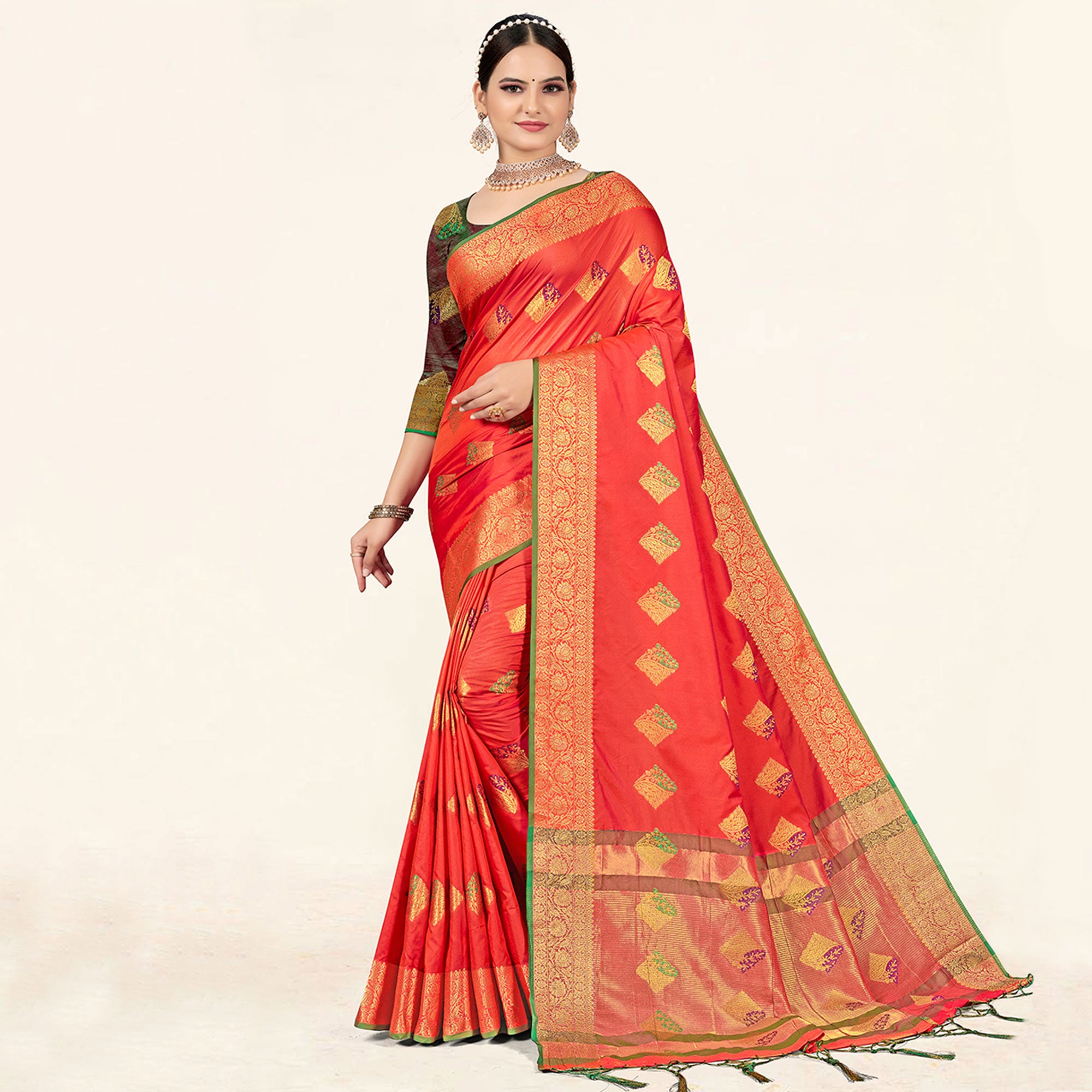 Peach Woven Art Silk Saree With Tassels