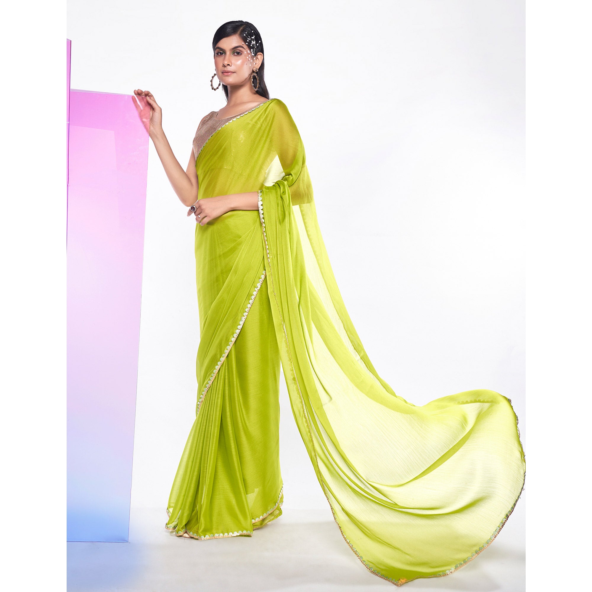 Green Solid With Embroidered Border Georgette Saree