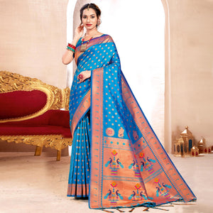 Sky Blue Woven Art Silk Paithani Saree With Tassels