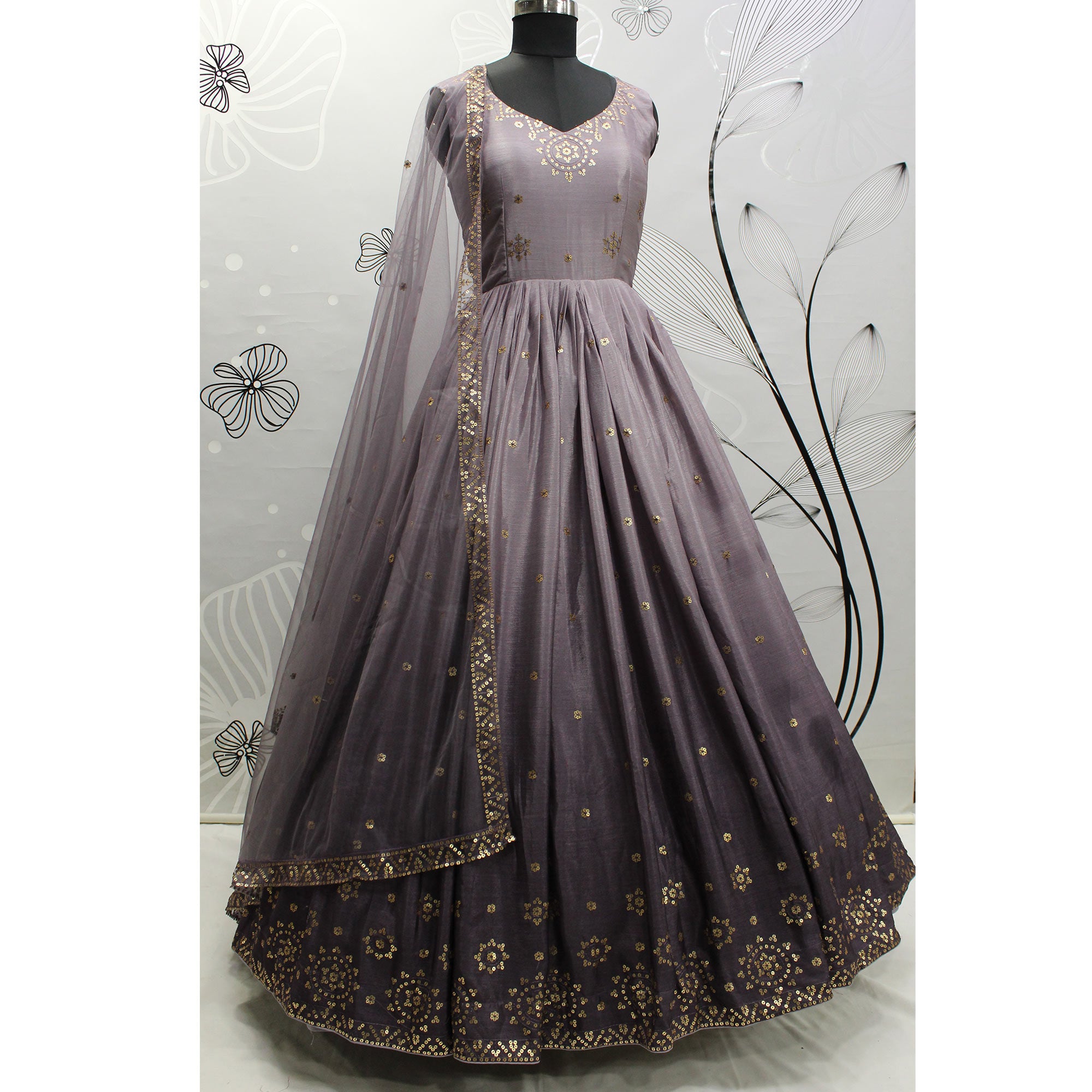 Light Violet Sequins Embroidered Chiffon Gown