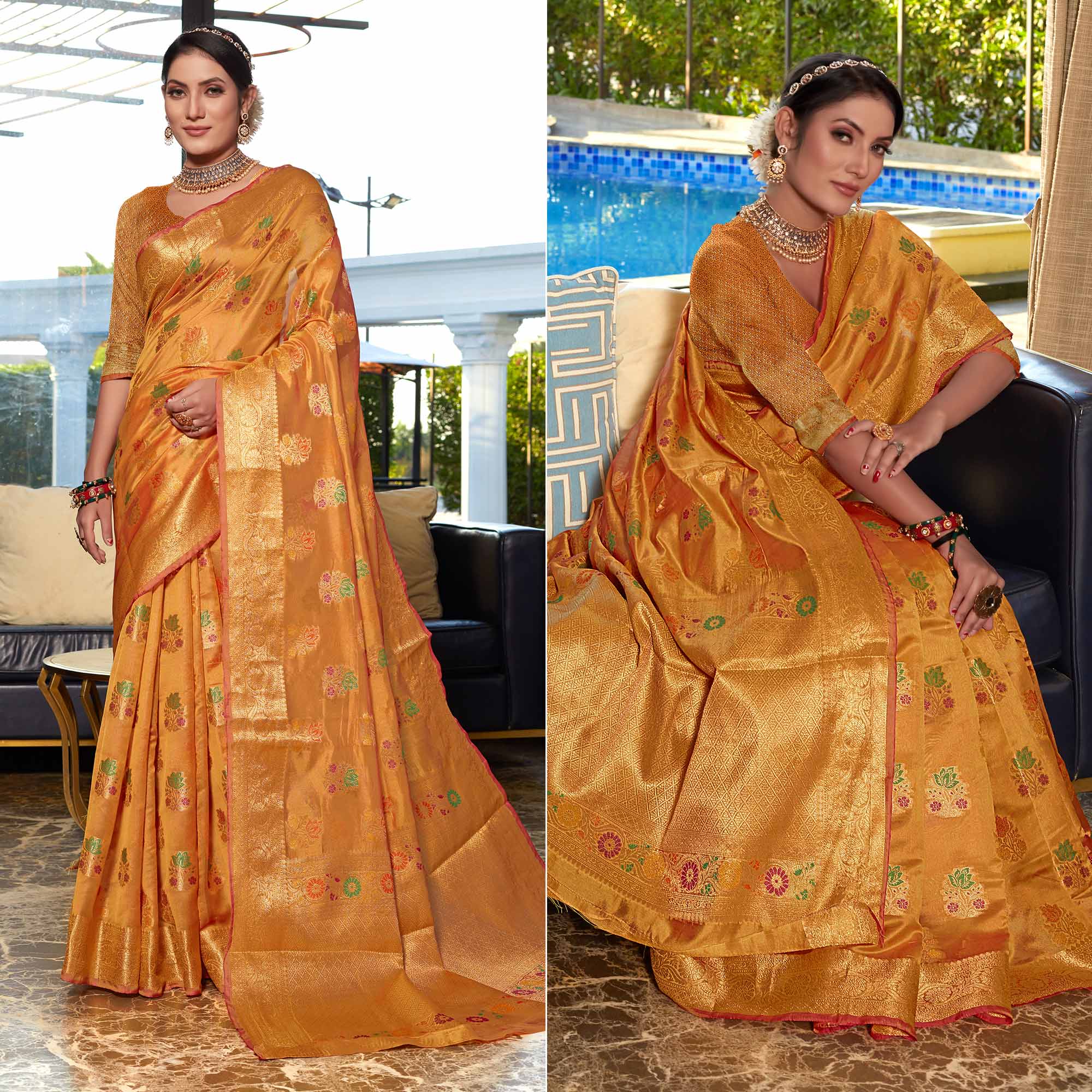 Mustard Floral Woven Organza Saree