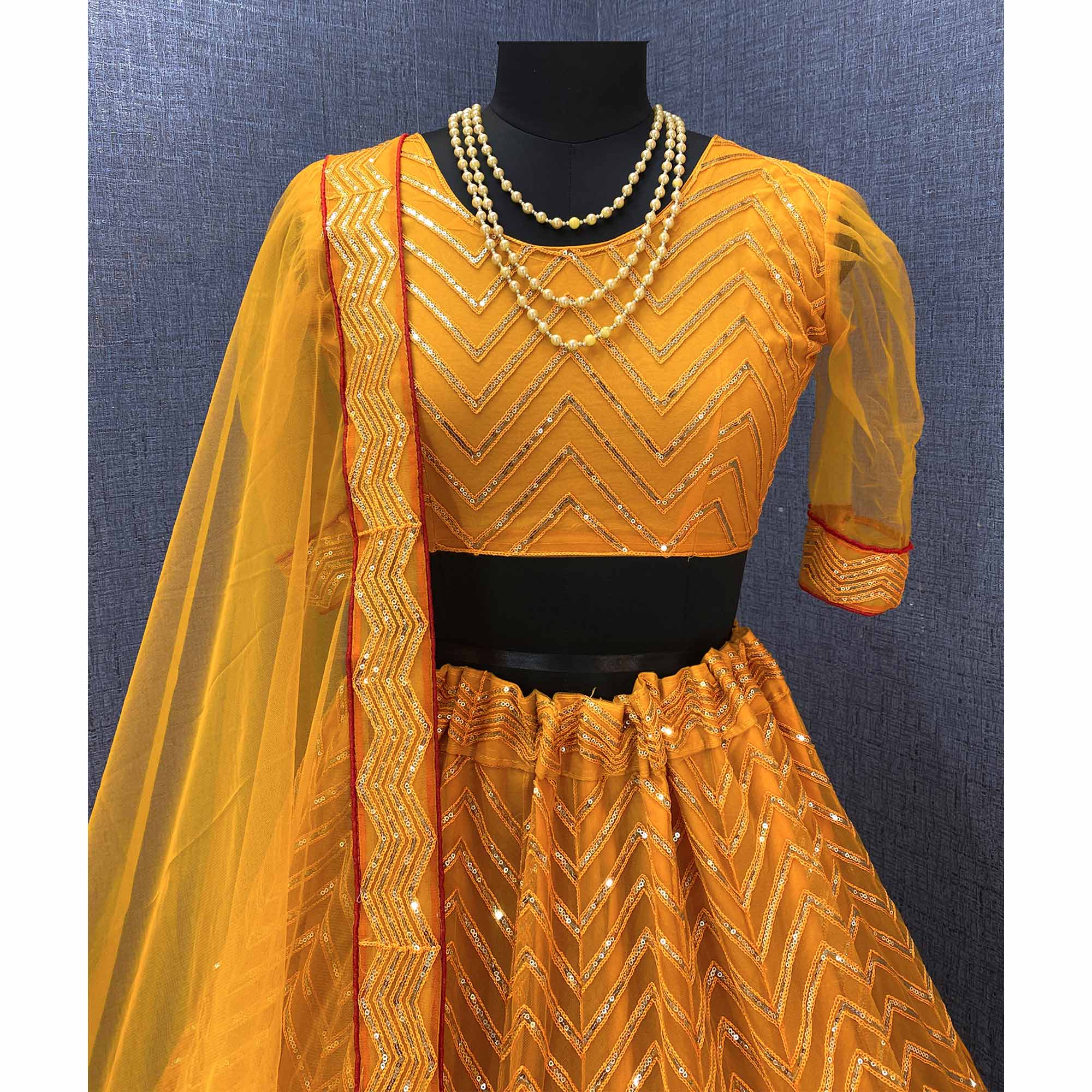 Mustard Sequins Embroidered Netted Lehenga Choli