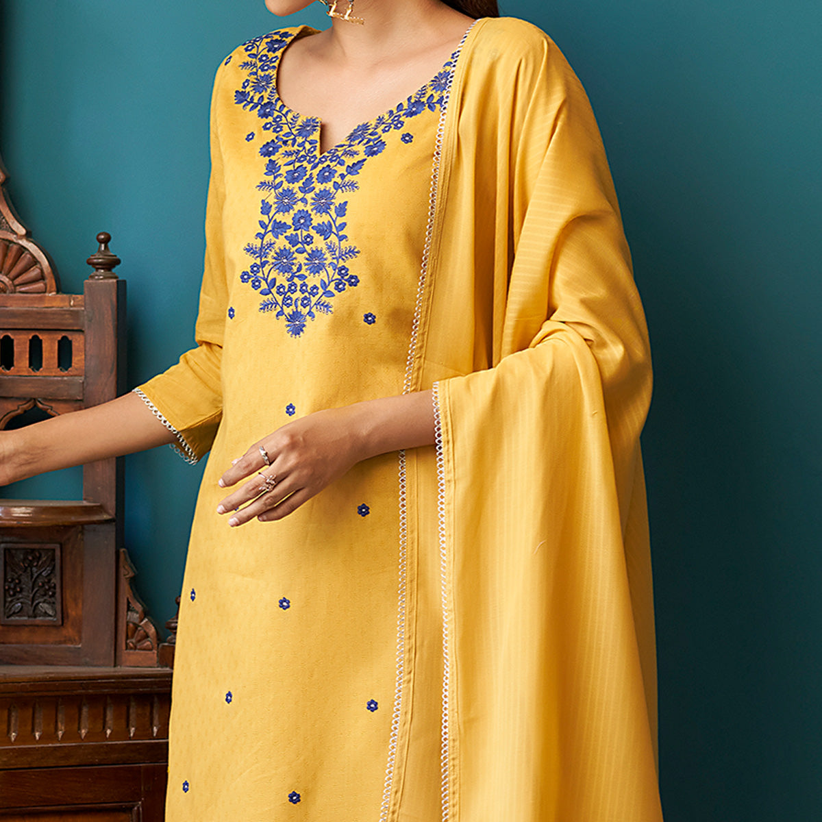 Yellow Floral Embroidered Pure Cotton Suit