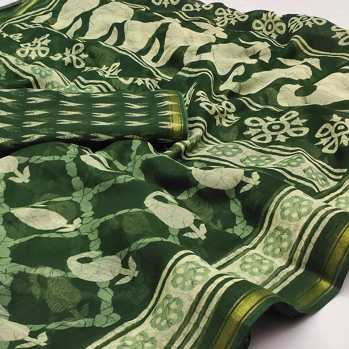 Green Printed Cotton Blend Saree