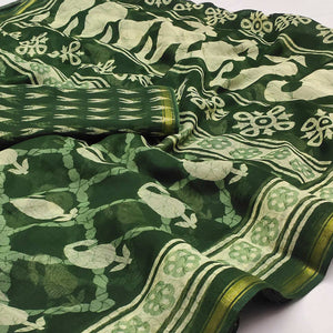 Green Printed Cotton Blend Saree